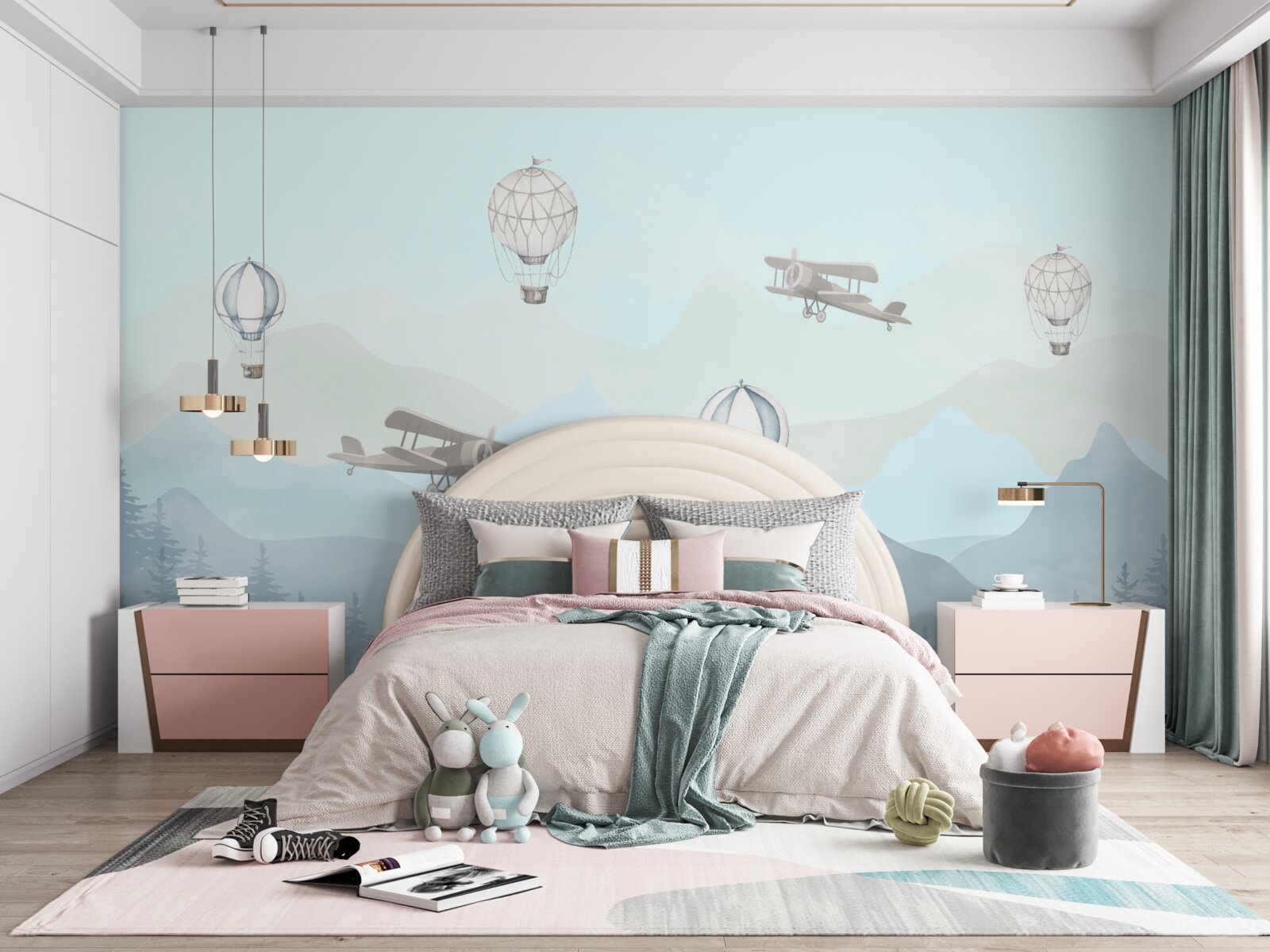 Fototapeta szczyty górskie, balony i samoloty na niebie