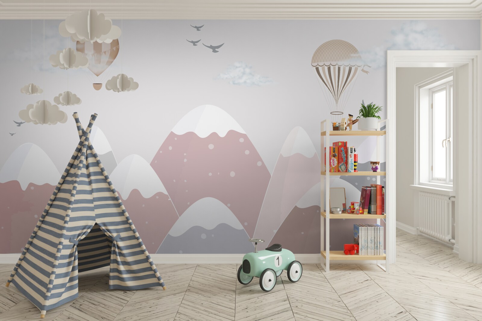 Fototapeta balony unoszące się na niebie przecinają ośnieżone szczyty górskie