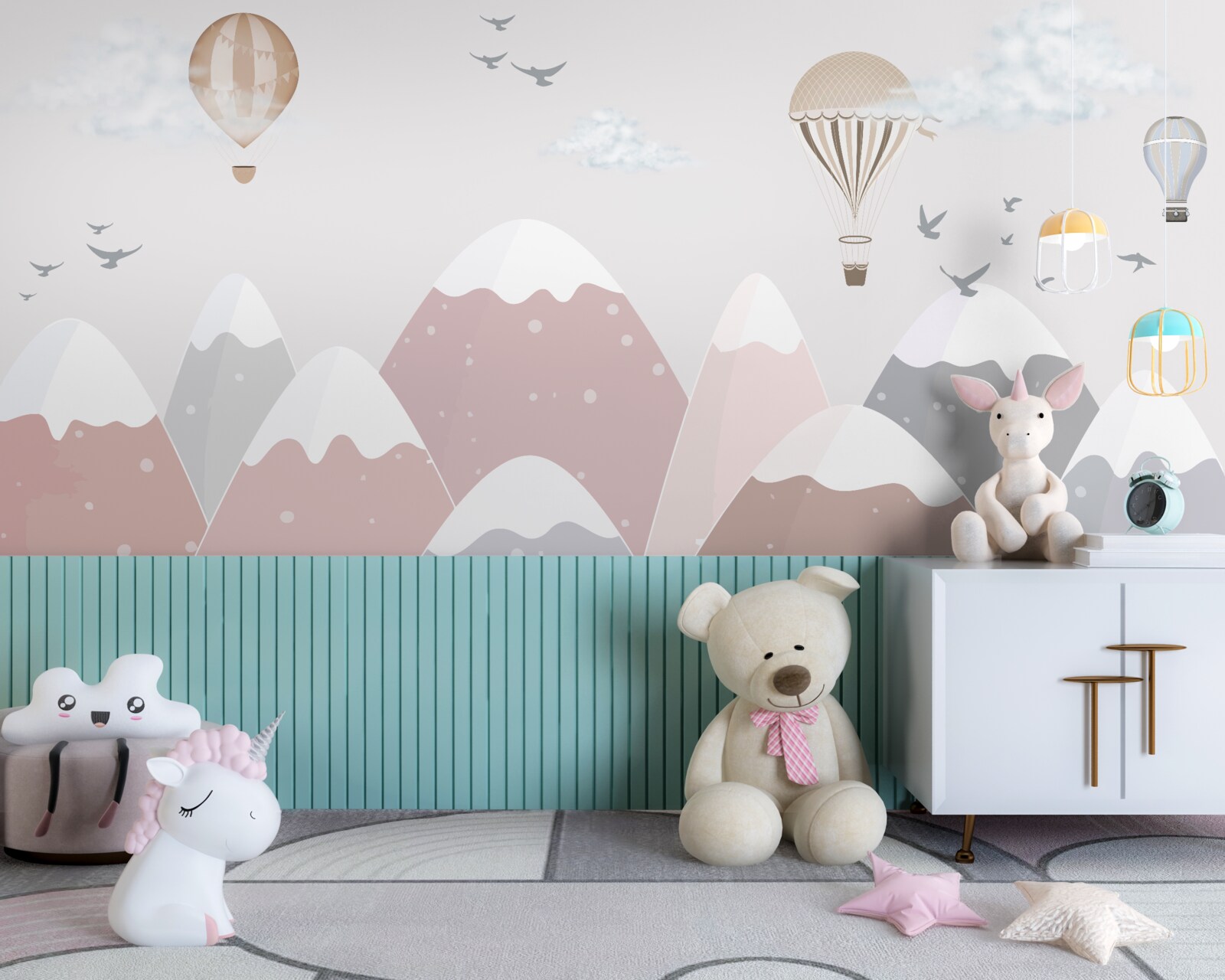 Fototapeta balony unoszące się na niebie przecinają ośnieżone szczyty górskie