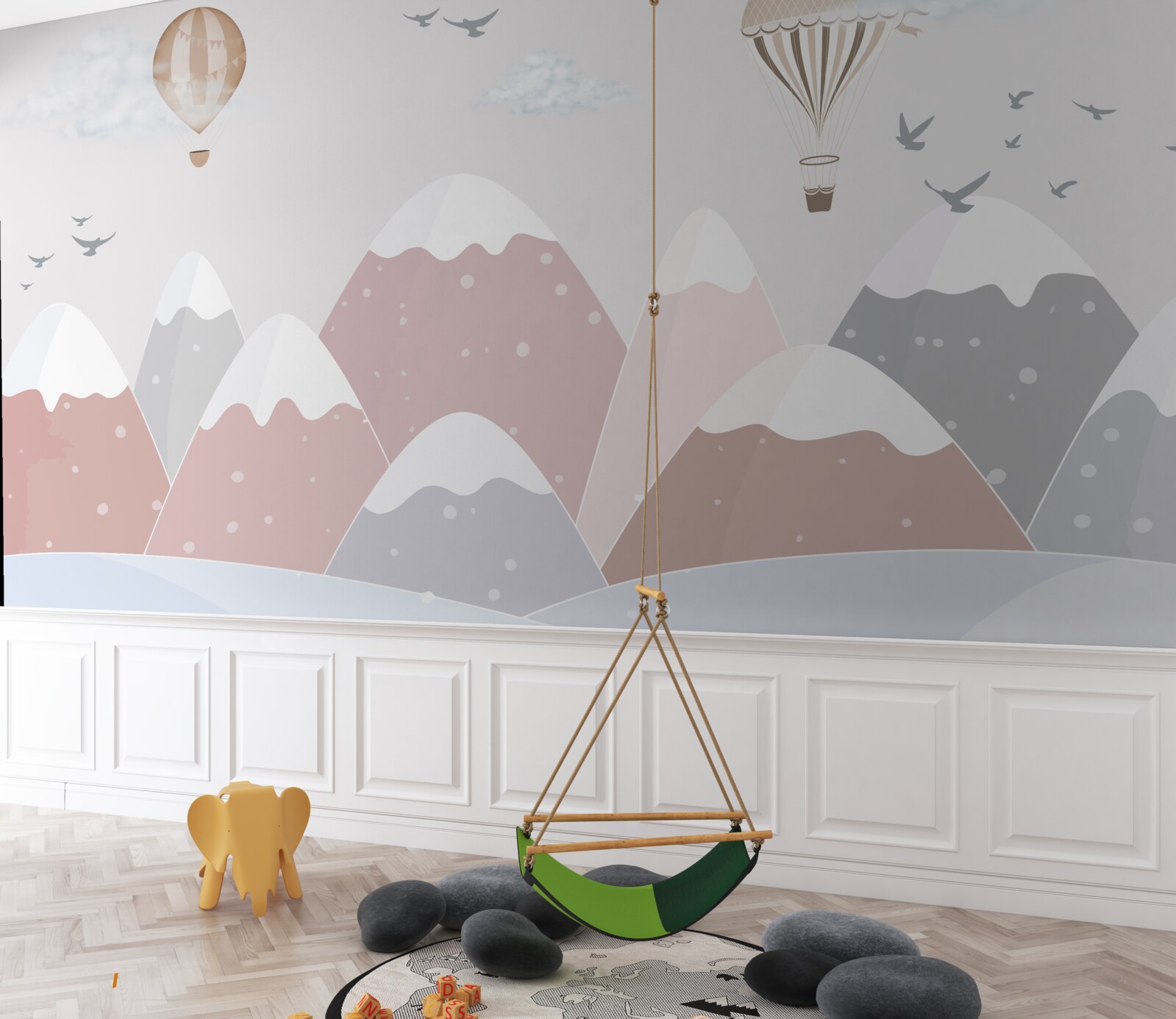 Fototapeta balony unoszące się na niebie przecinają ośnieżone szczyty górskie