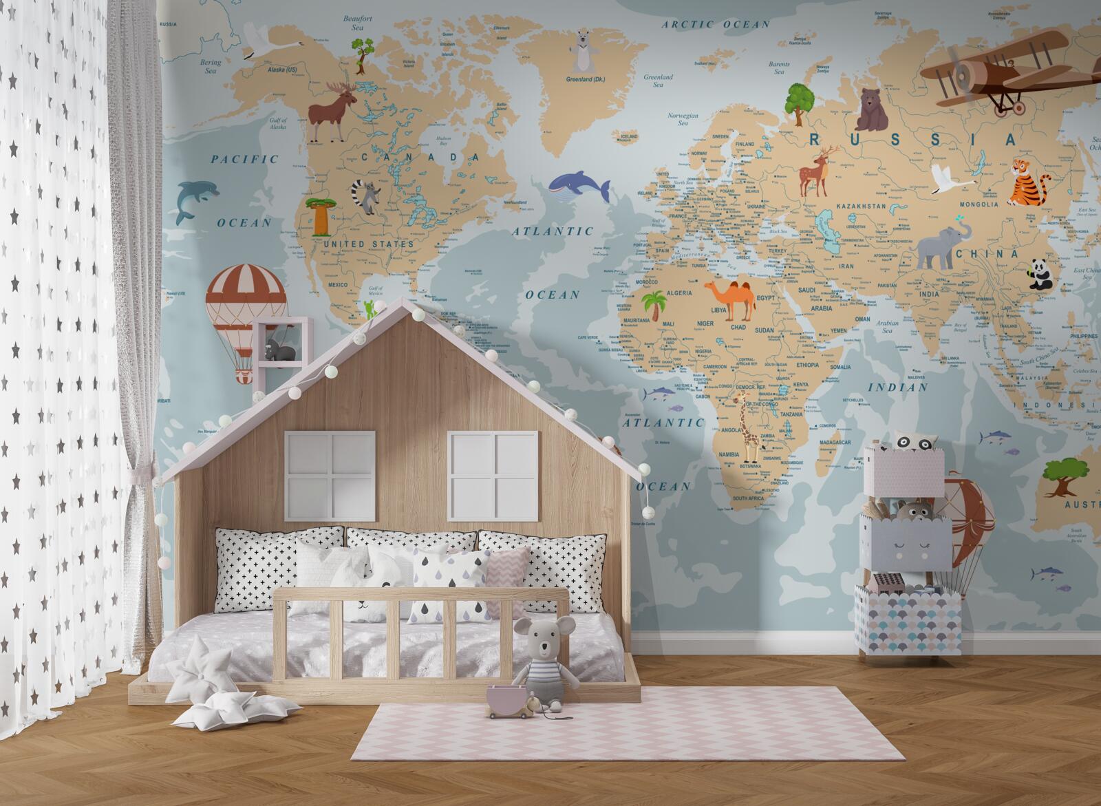 Fototapeta szczegółowa mapa geograficzna świata z różnymi obrazami