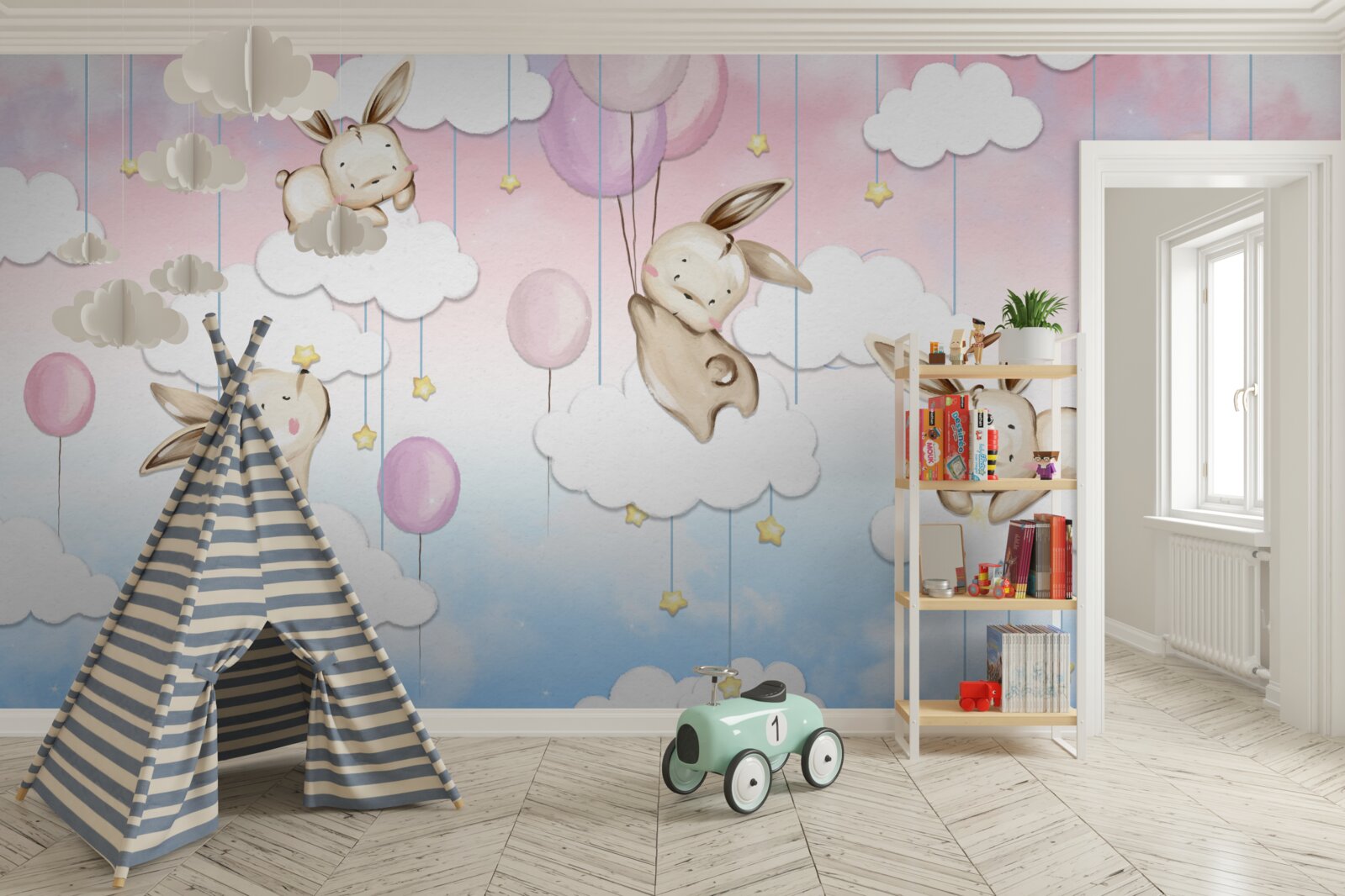 Fototapeta króliki na chmurach