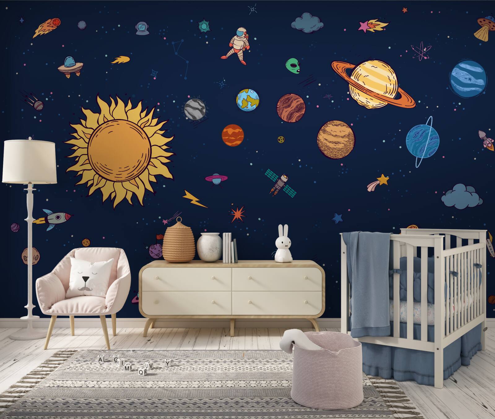 Fototapeta wśród planet, w przestrzeni kosmicznej, jest człowiek