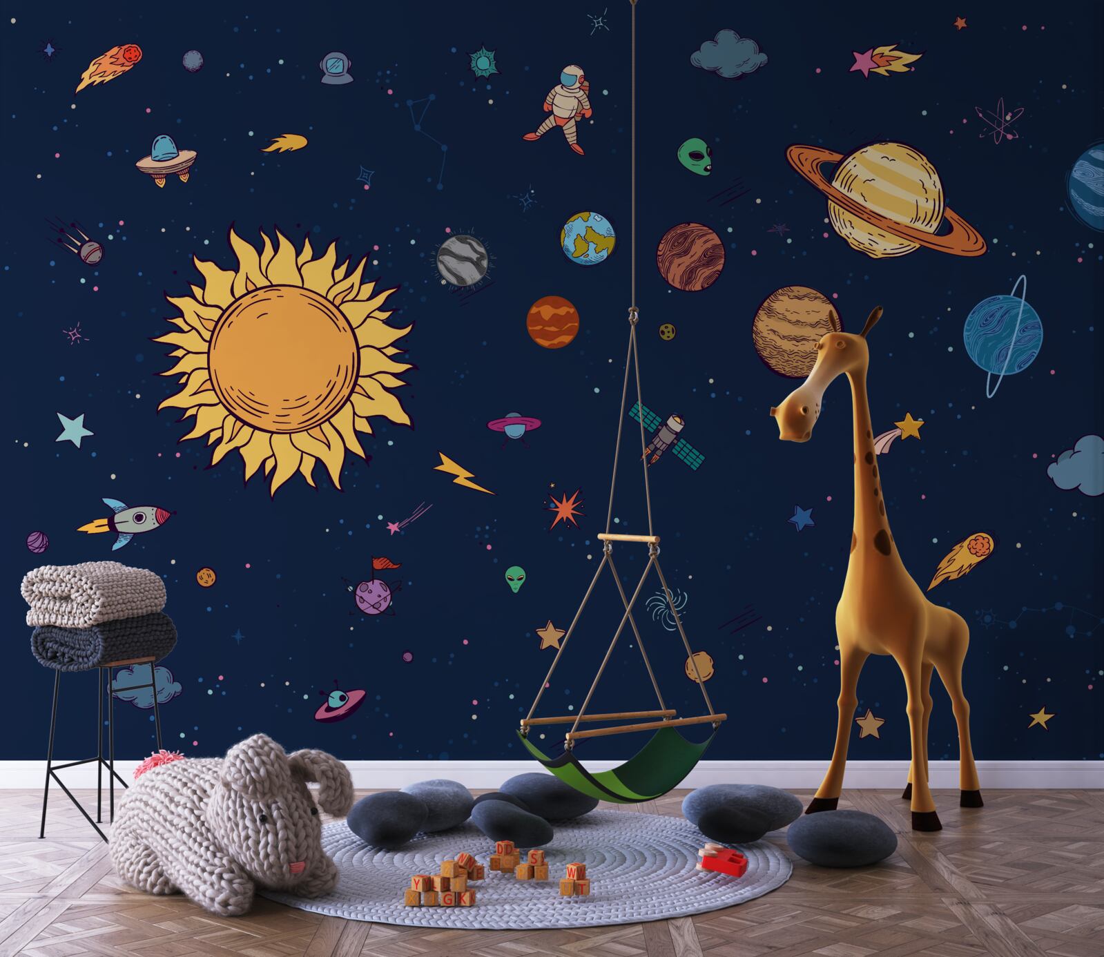 Fototapeta wśród planet, w przestrzeni kosmicznej, jest człowiek