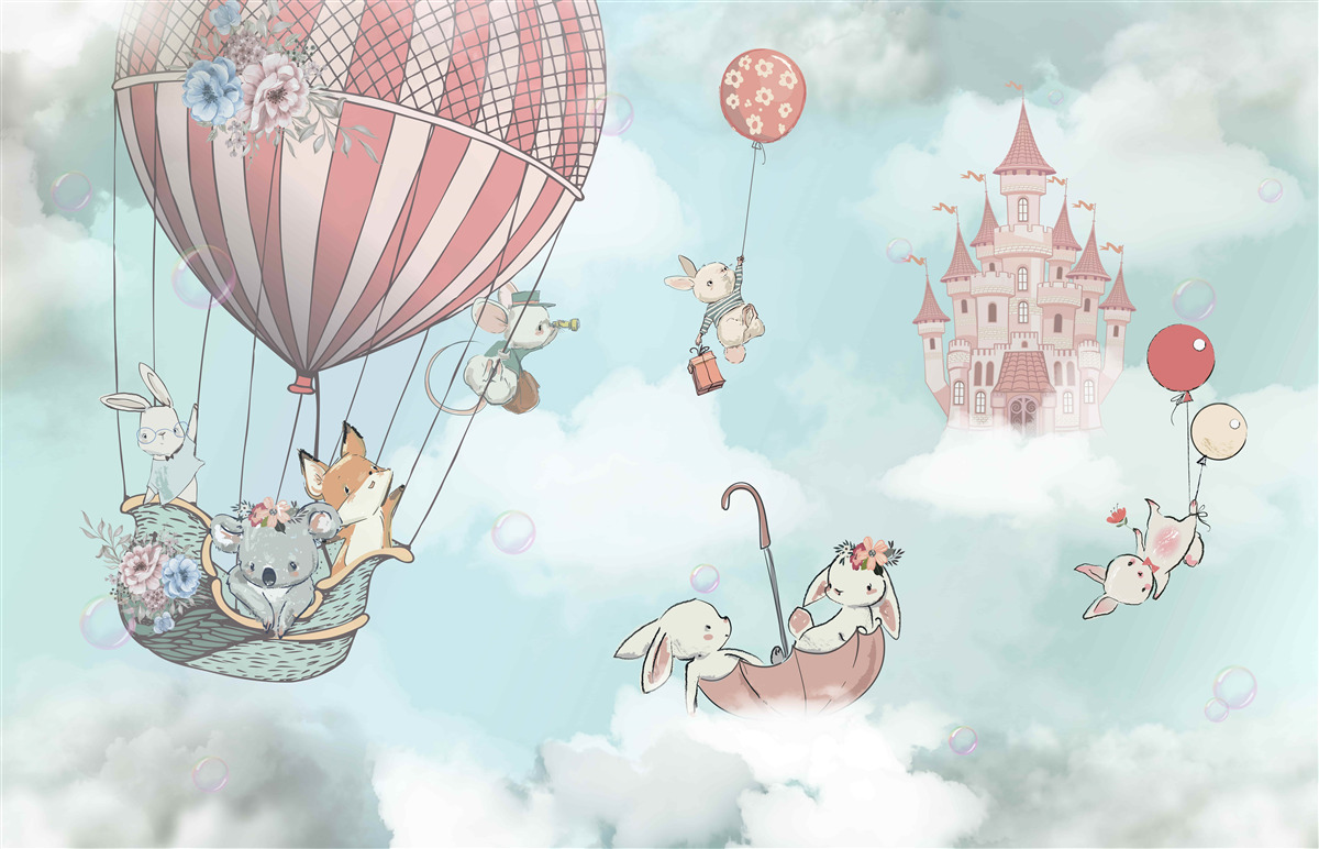 Fototapeta w tle zamek, przed nim latające zwierzęta