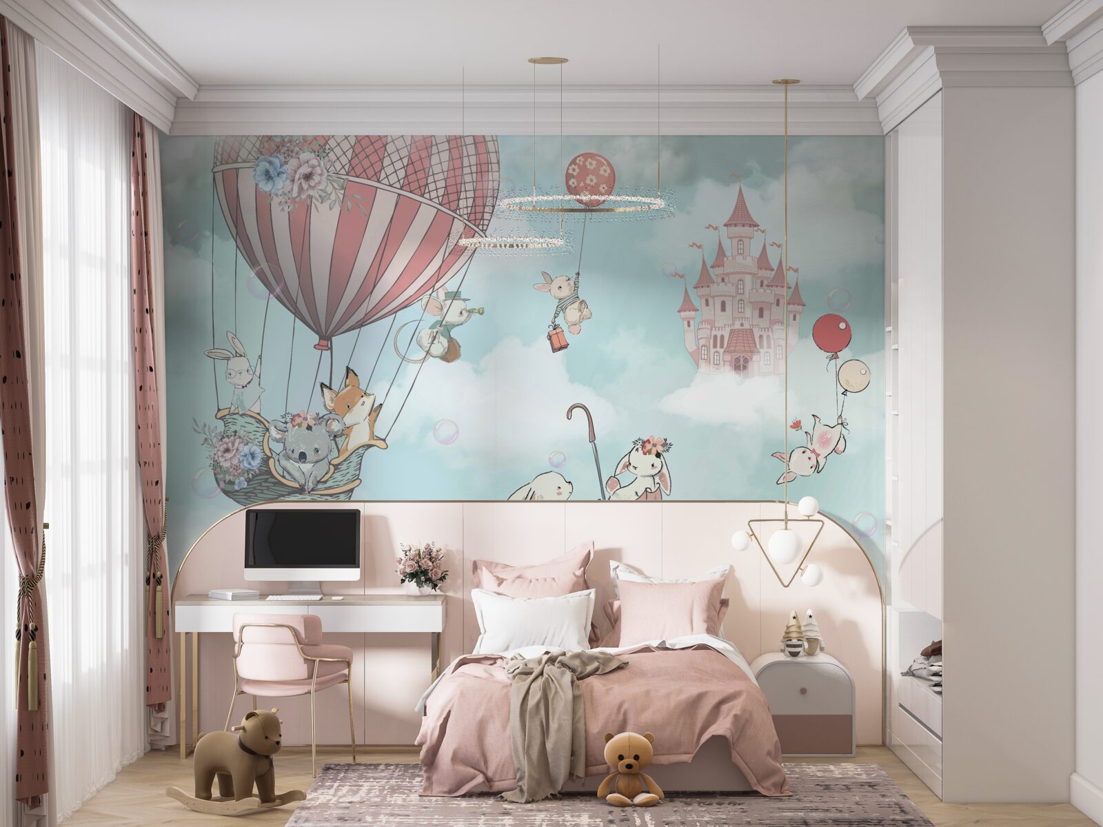 Fototapeta w tle zamek, przed nim latające zwierzęta