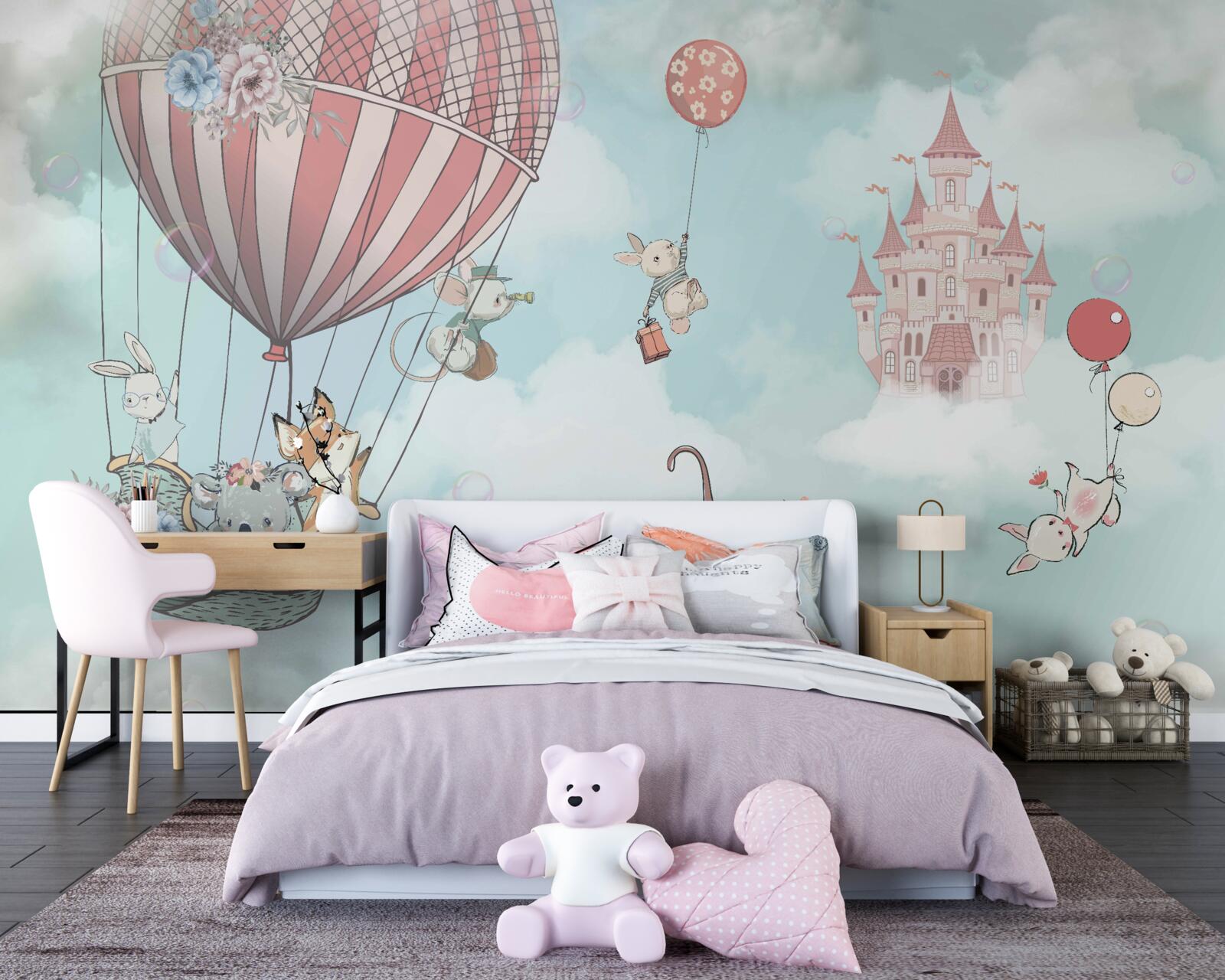 Fototapeta w tle zamek, przed nim latające zwierzęta