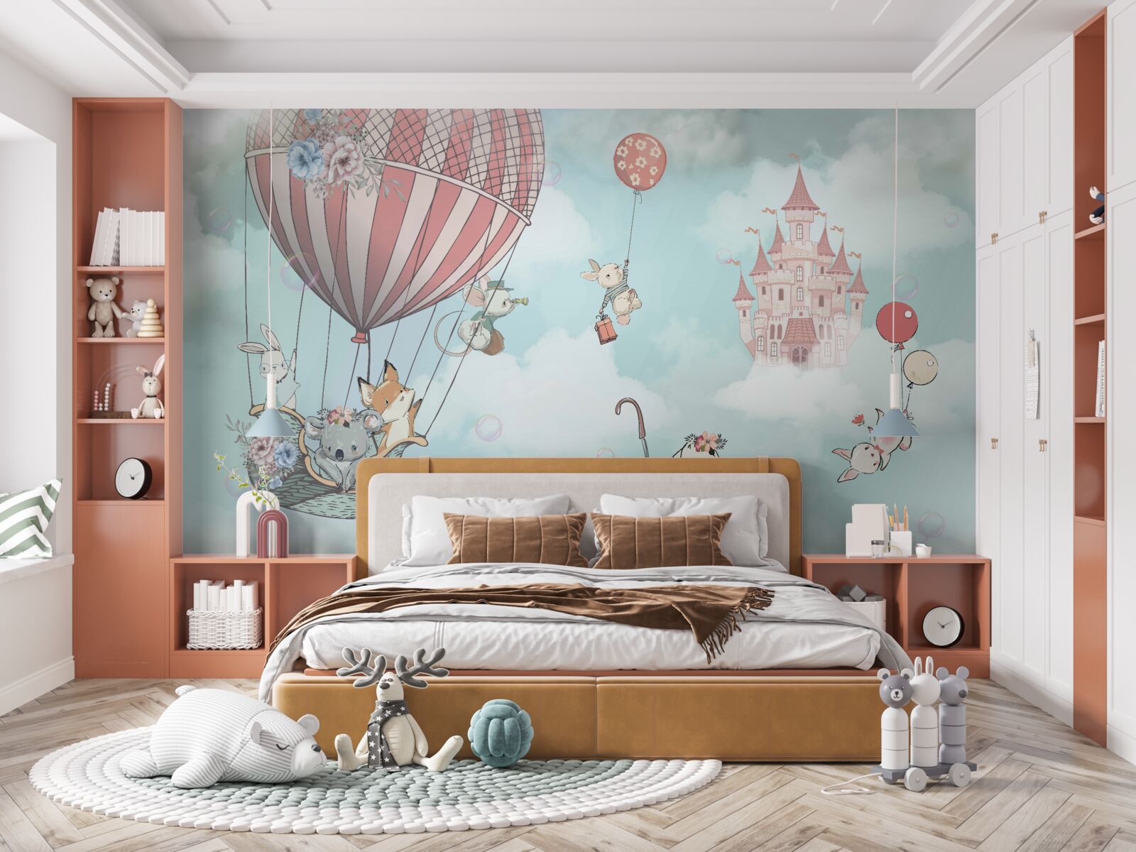 Fototapeta w tle zamek, przed nim latające zwierzęta