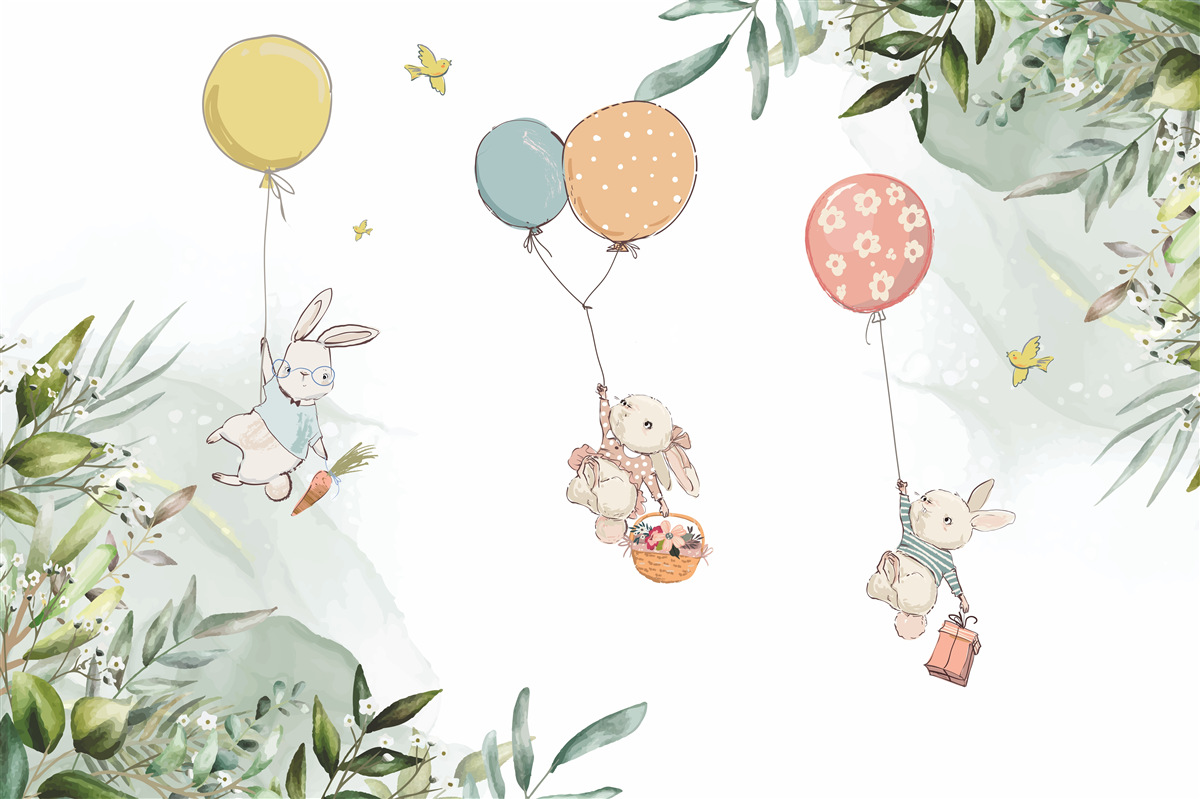 Fototapeta króliki unoszą się na balonach