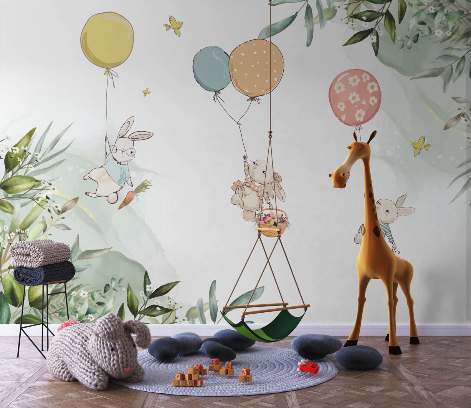 Fototapeta króliki unoszą się na balonach