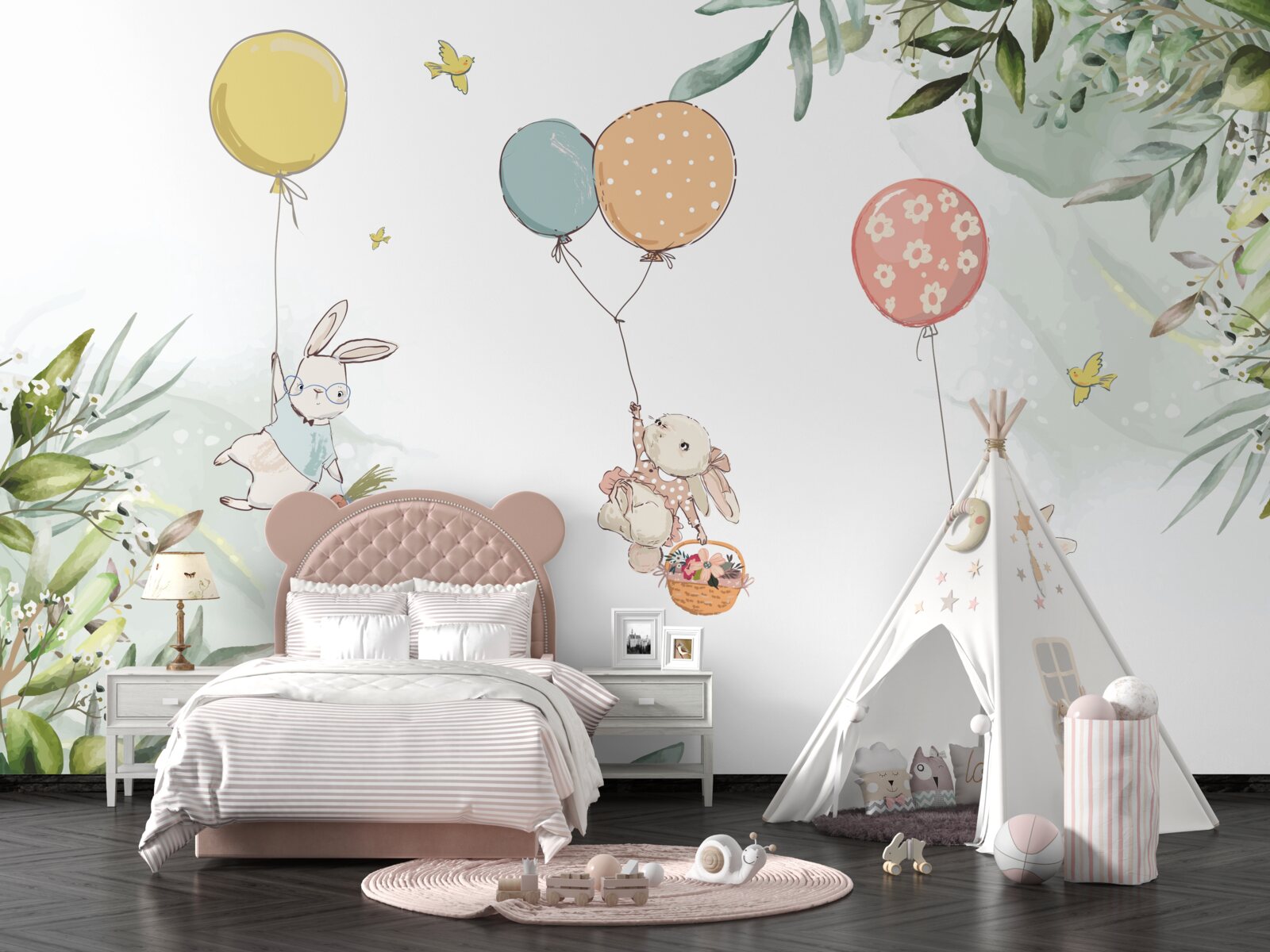 Fototapeta króliki unoszą się na balonach