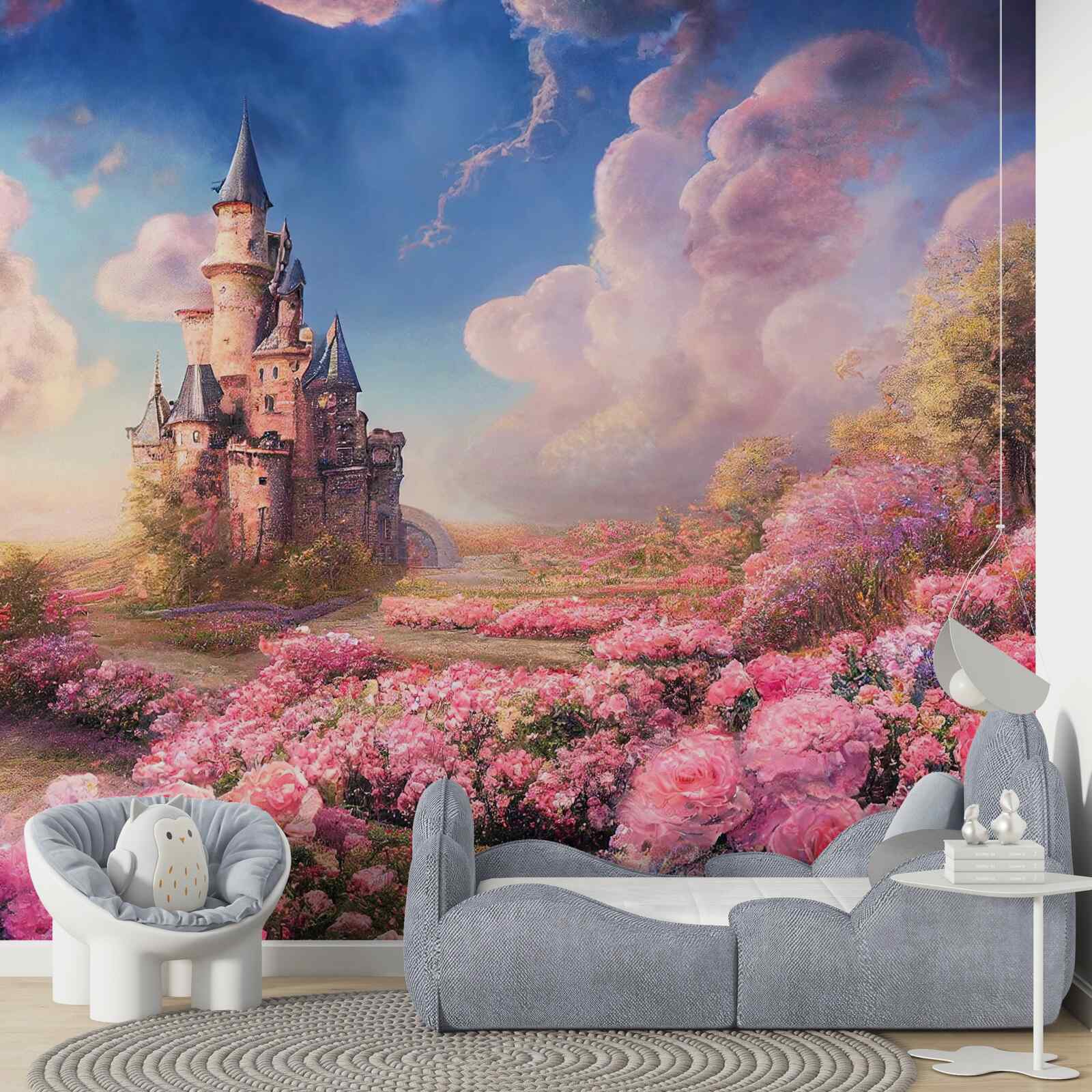 Fototapeta miodowa wioska z roślinami na tle magicznej rezydencji