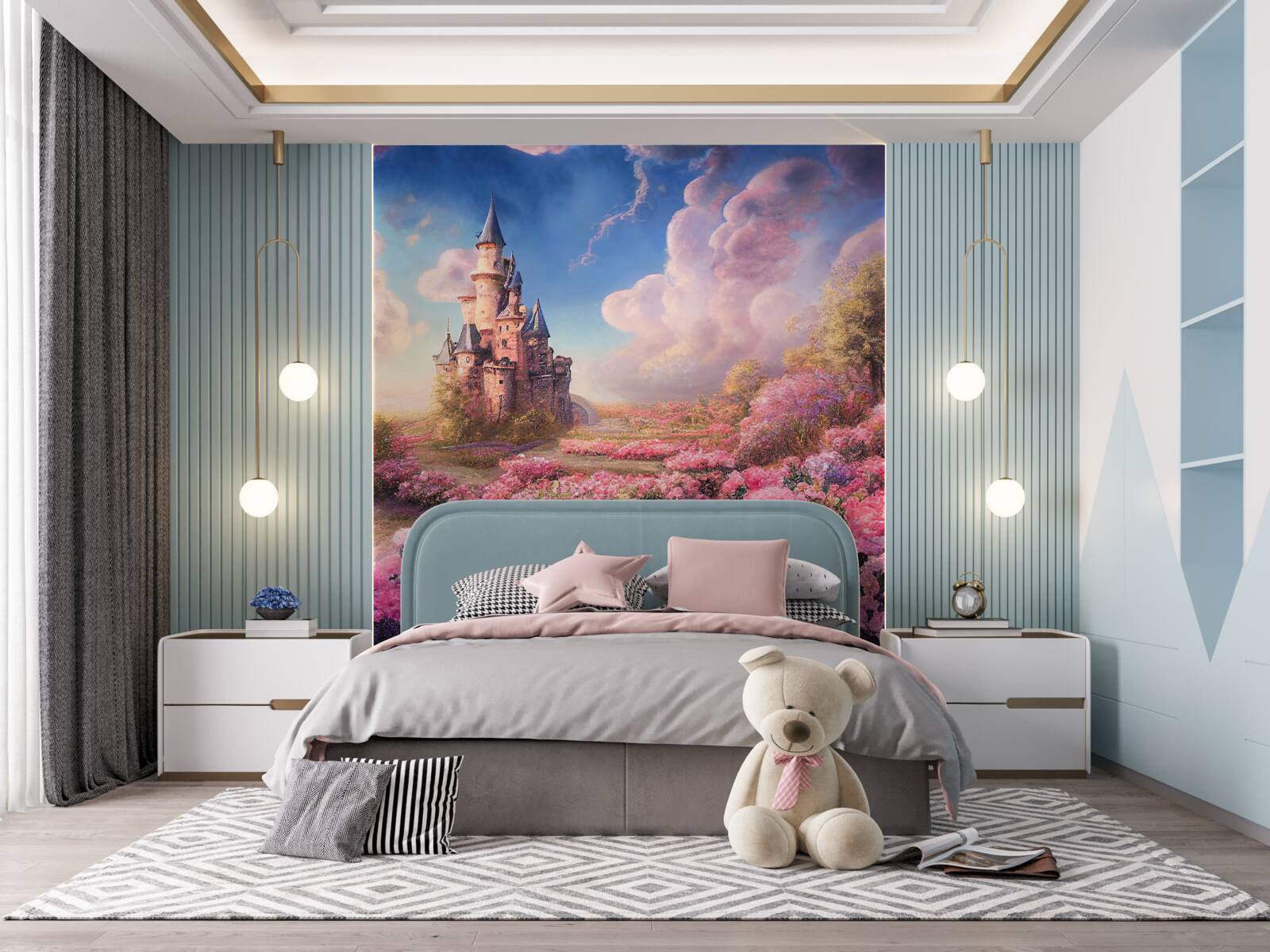 Fototapeta miodowa wioska z roślinami na tle magicznej rezydencji