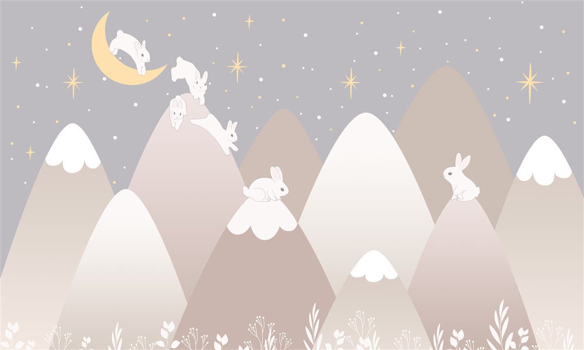 Fototapeta malowane góry są miejscem zabaw skaczących białych króliczków