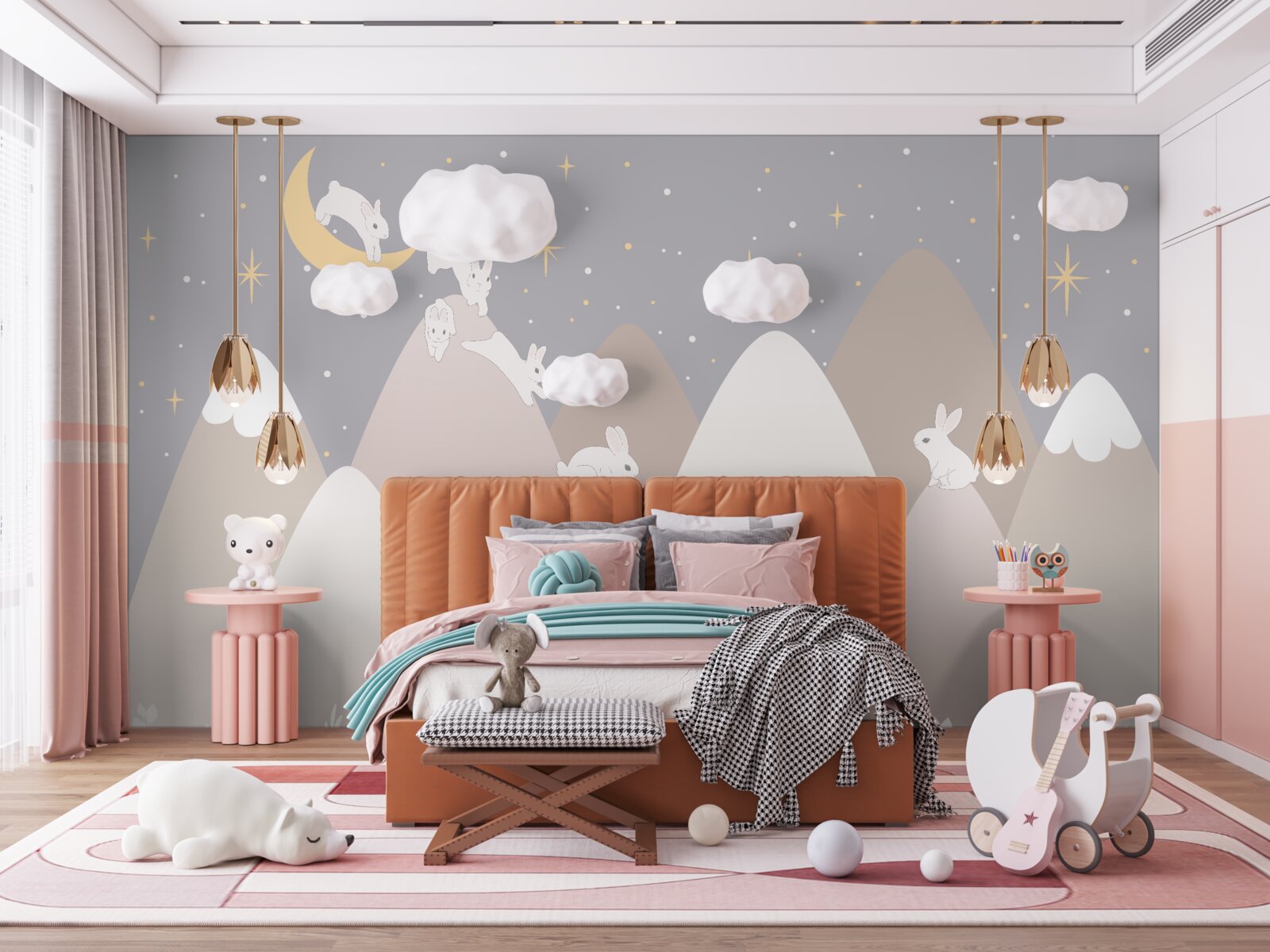 Fototapeta malowane góry są miejscem zabaw skaczących białych króliczków