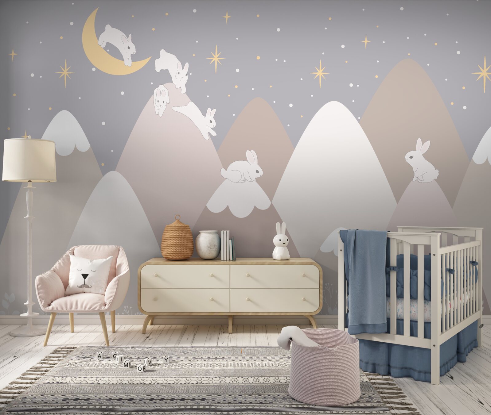 Fototapeta malowane góry są miejscem zabaw skaczących białych króliczków