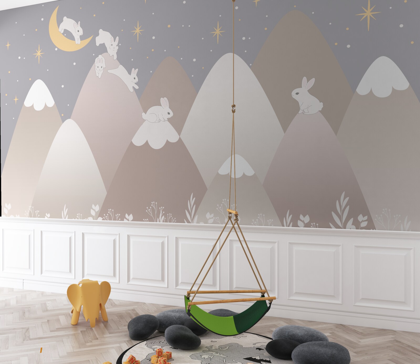 Fototapeta malowane góry są miejscem zabaw skaczących białych króliczków