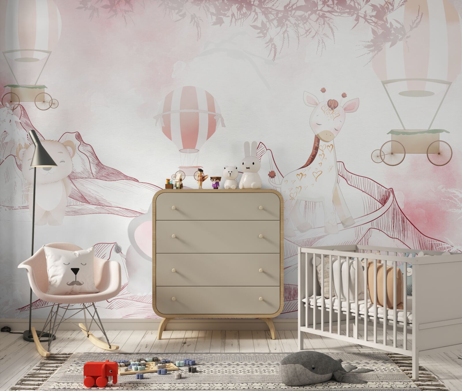 Fototapeta jasnoróżowe zwierzęta i latające kule