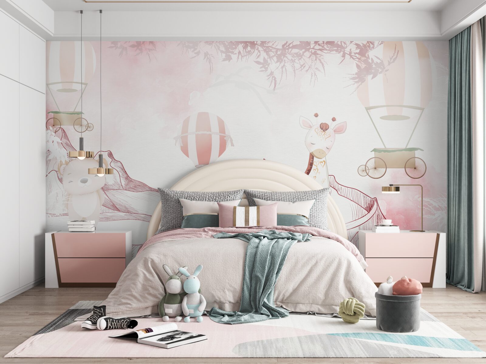 Fototapeta jasnoróżowe zwierzęta i latające kule