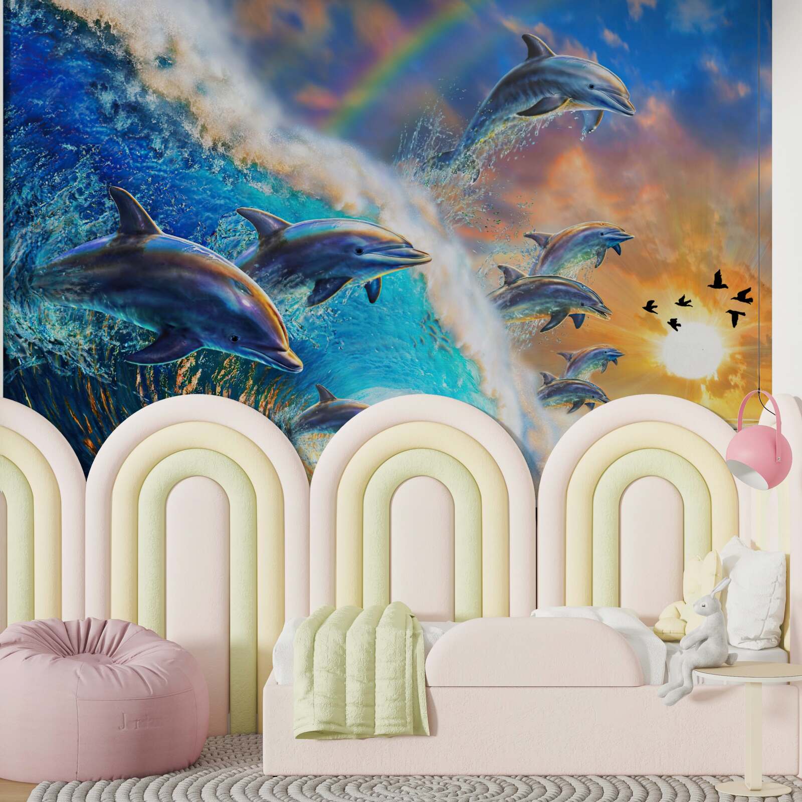 Fototapeta o zachodzie słońca delfiny wyskakują z wody