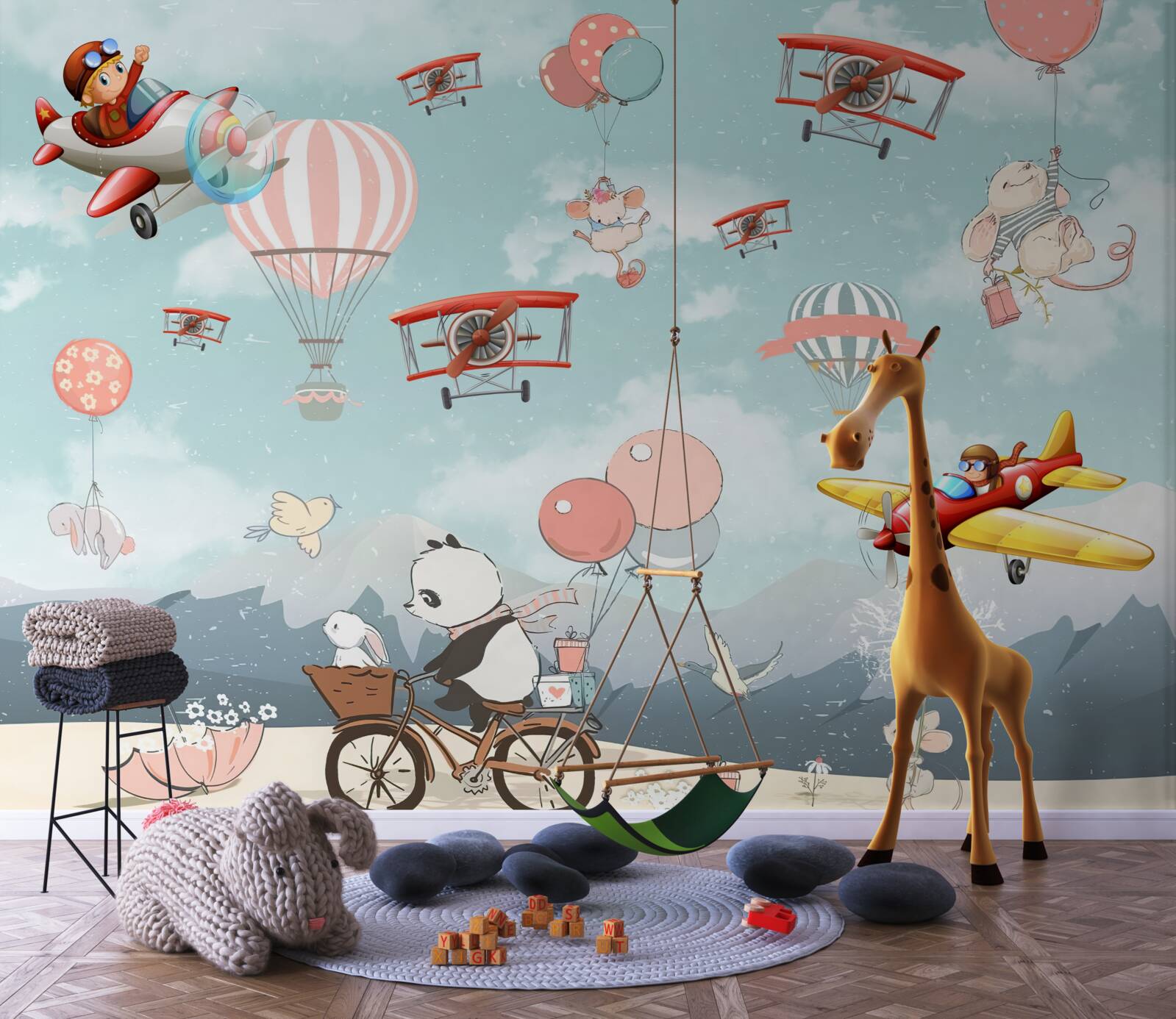 Fototapeta wokół latają panda rowerowa i inna fauna