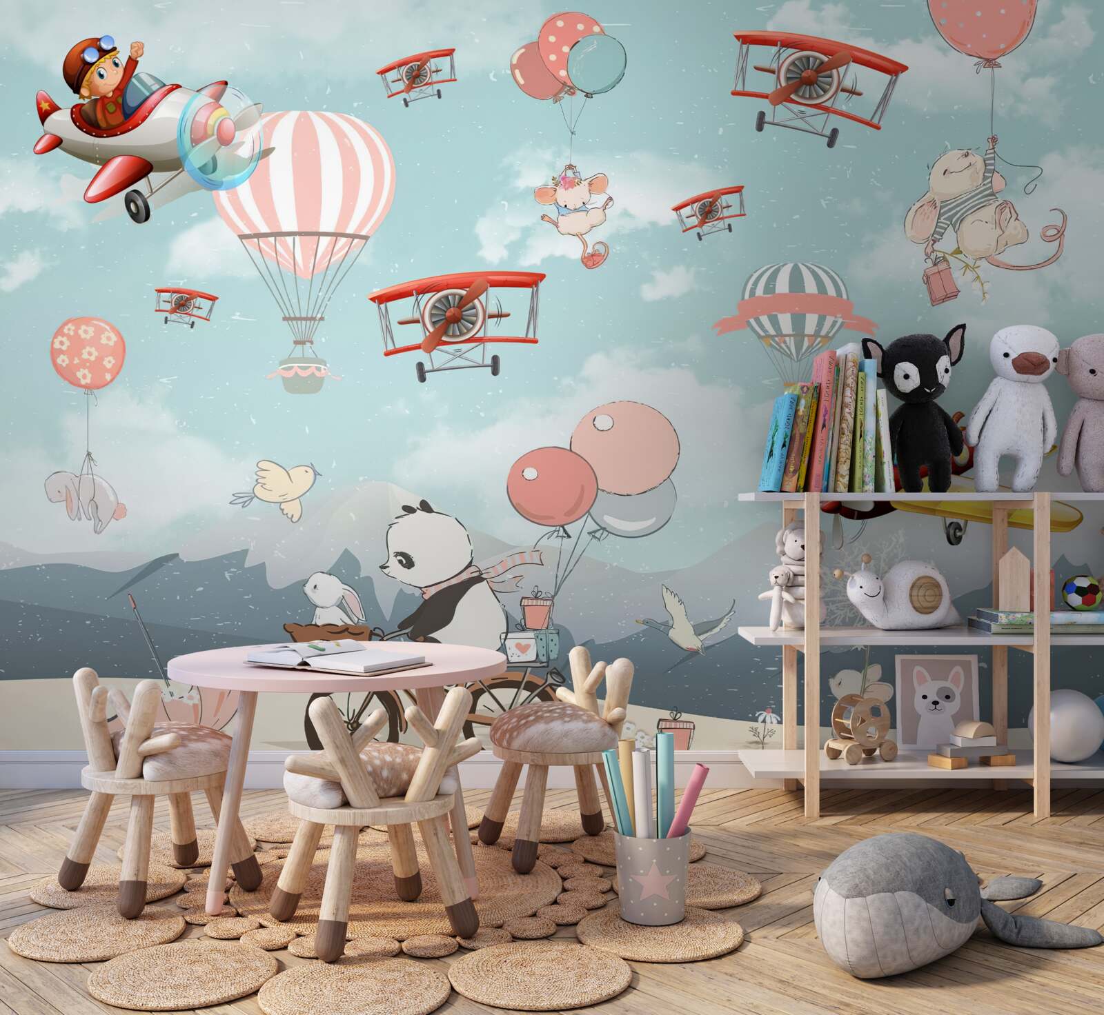 Fototapeta wokół latają panda rowerowa i inna fauna