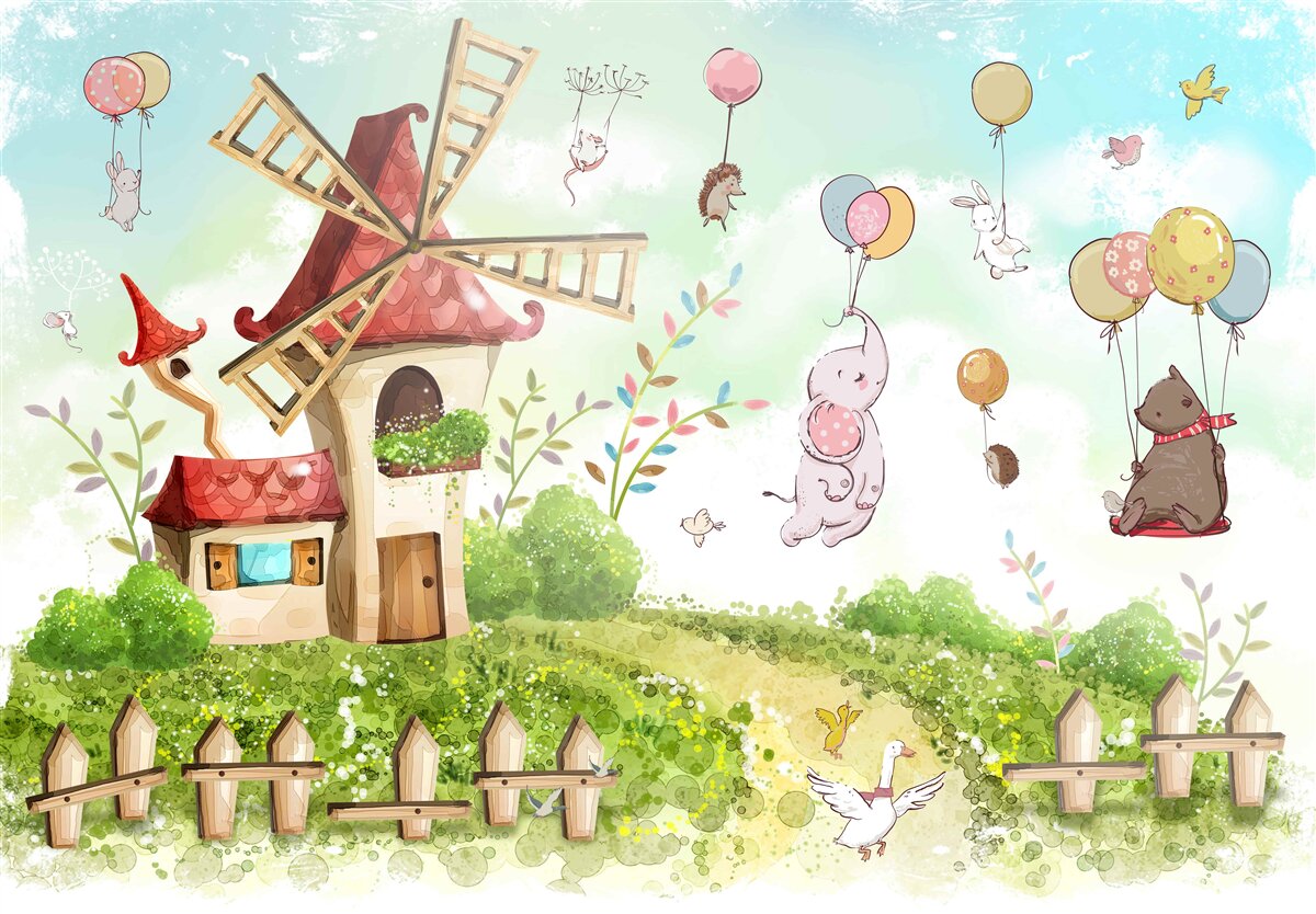 Fototapeta stworzenia unoszą się nad ziemią w balonach