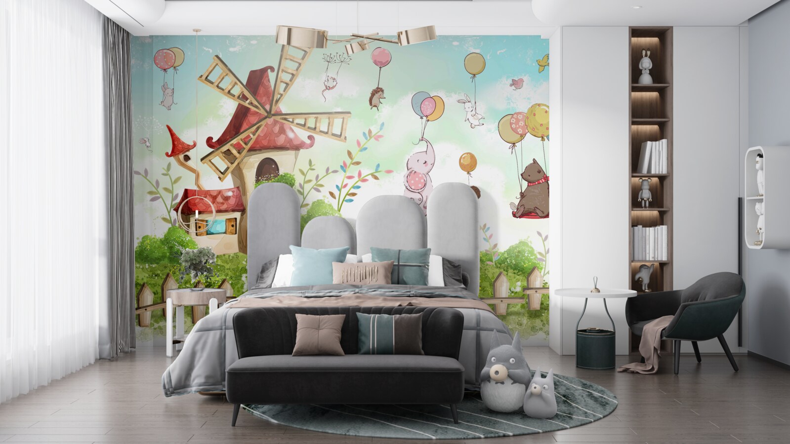 Fototapeta stworzenia unoszą się nad ziemią w balonach