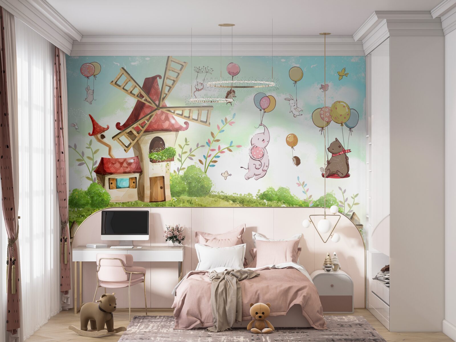 Fototapeta stworzenia unoszą się nad ziemią w balonach