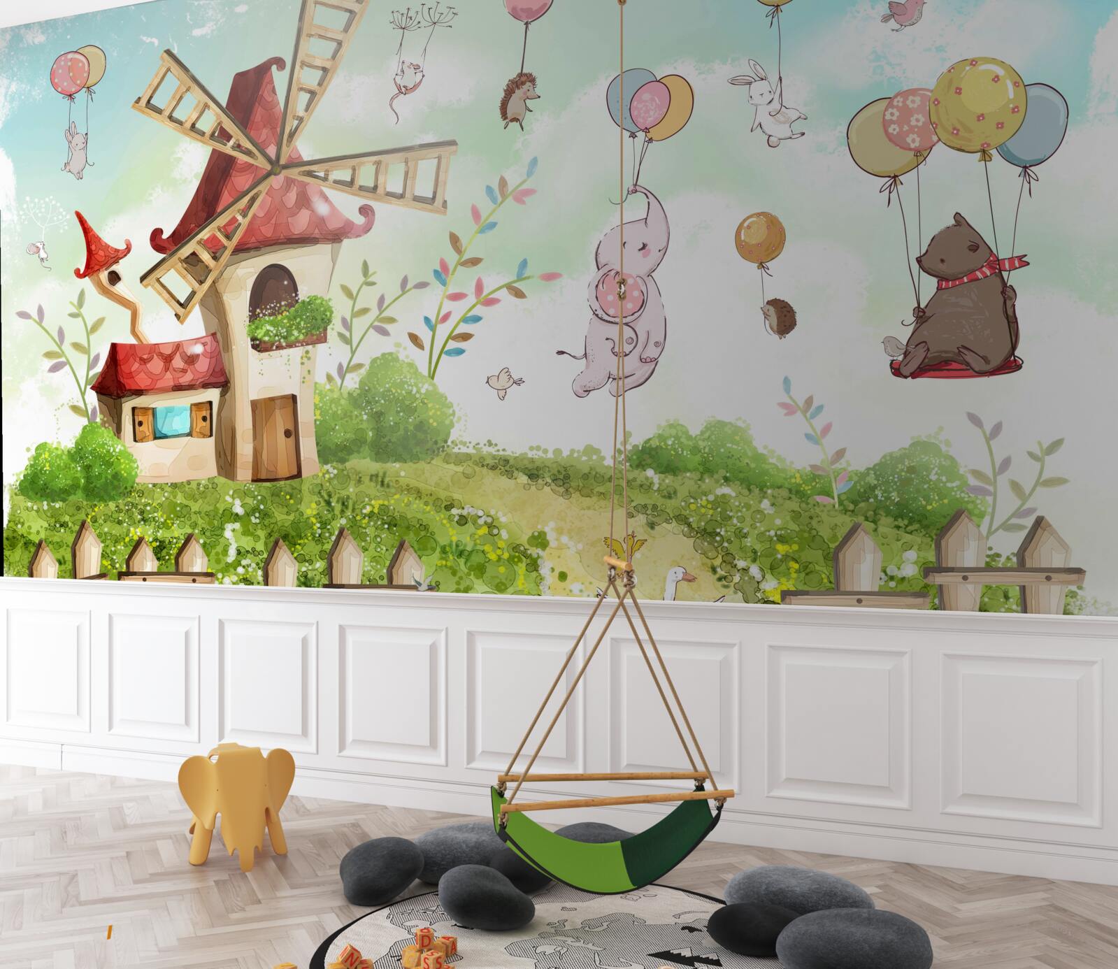 Fototapeta stworzenia unoszą się nad ziemią w balonach