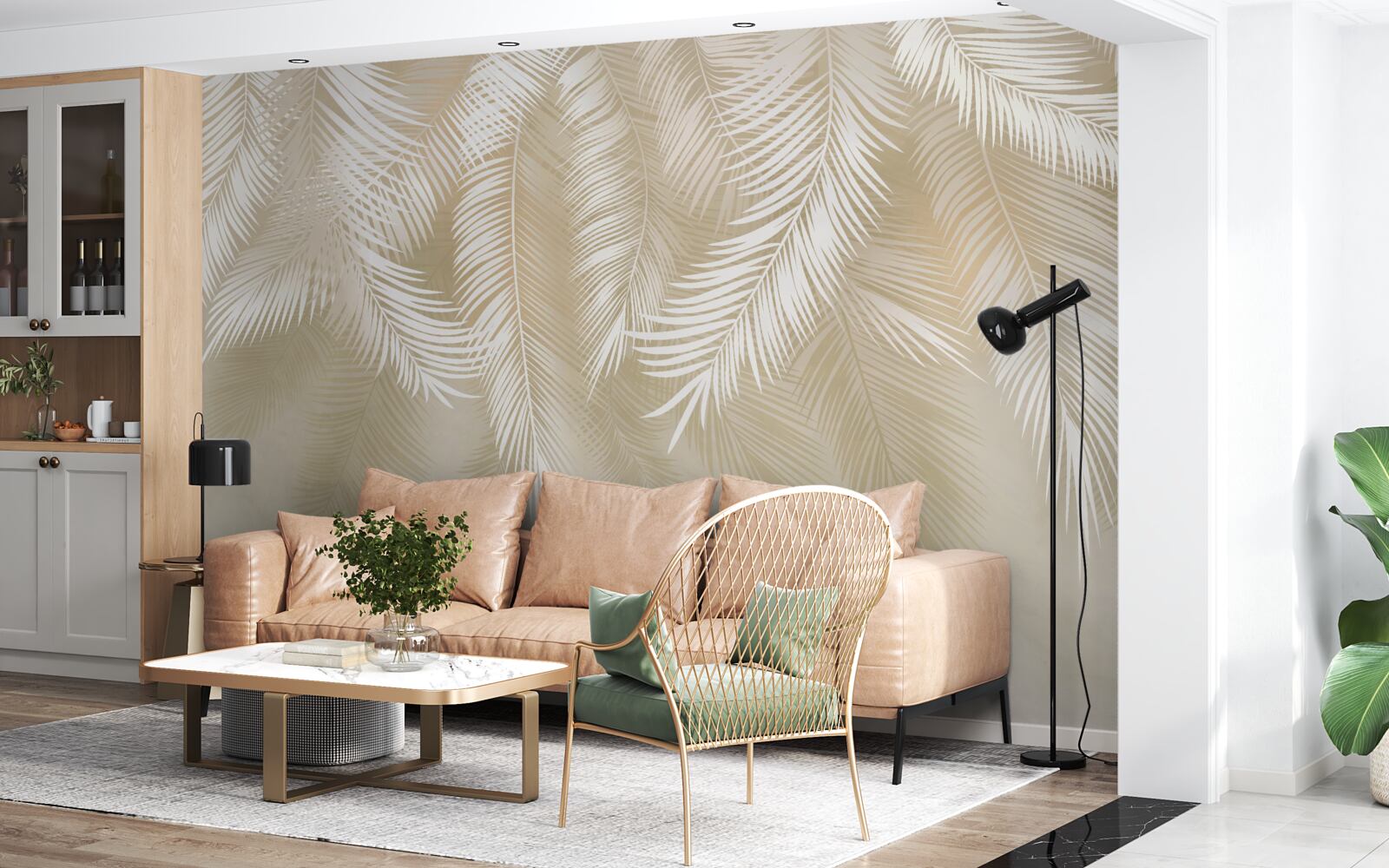 Fototapeta liście palmowe są białe na tle beżowego tła