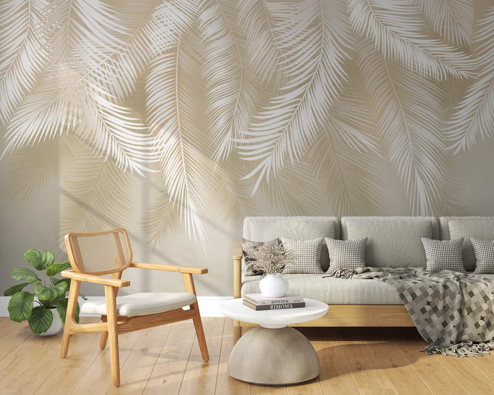 Fototapeta liście palmowe są białe na tle beżowego tła