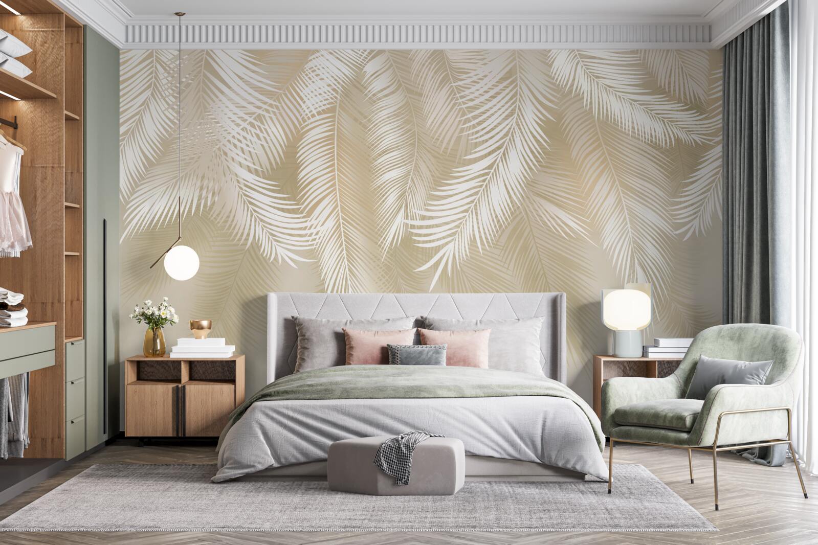 Fototapeta liście palmowe są białe na tle beżowego tła