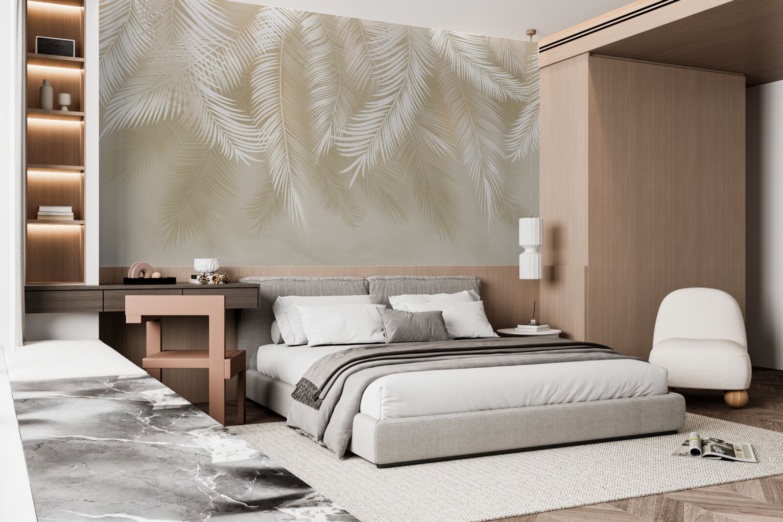 Fototapeta liście palmowe są białe na tle beżowego tła