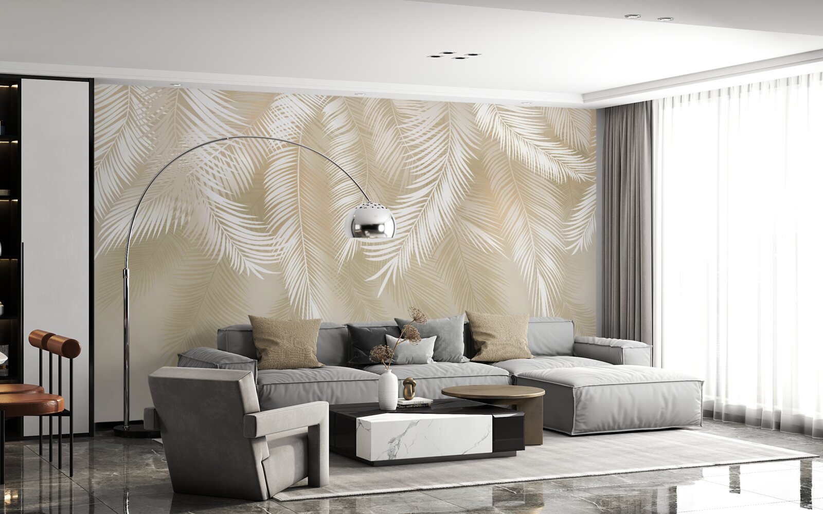 Fototapeta liście palmowe są białe na tle beżowego tła