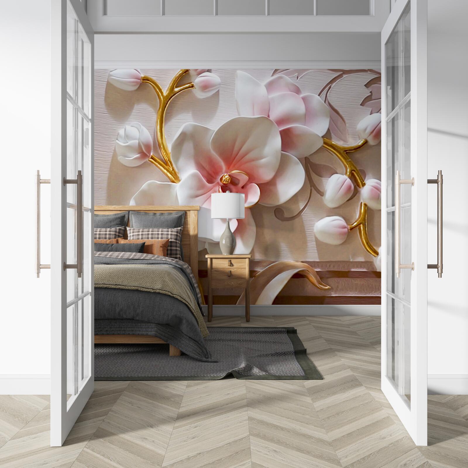 Fototapeta ogromne pąki czerwono-białej orchidei