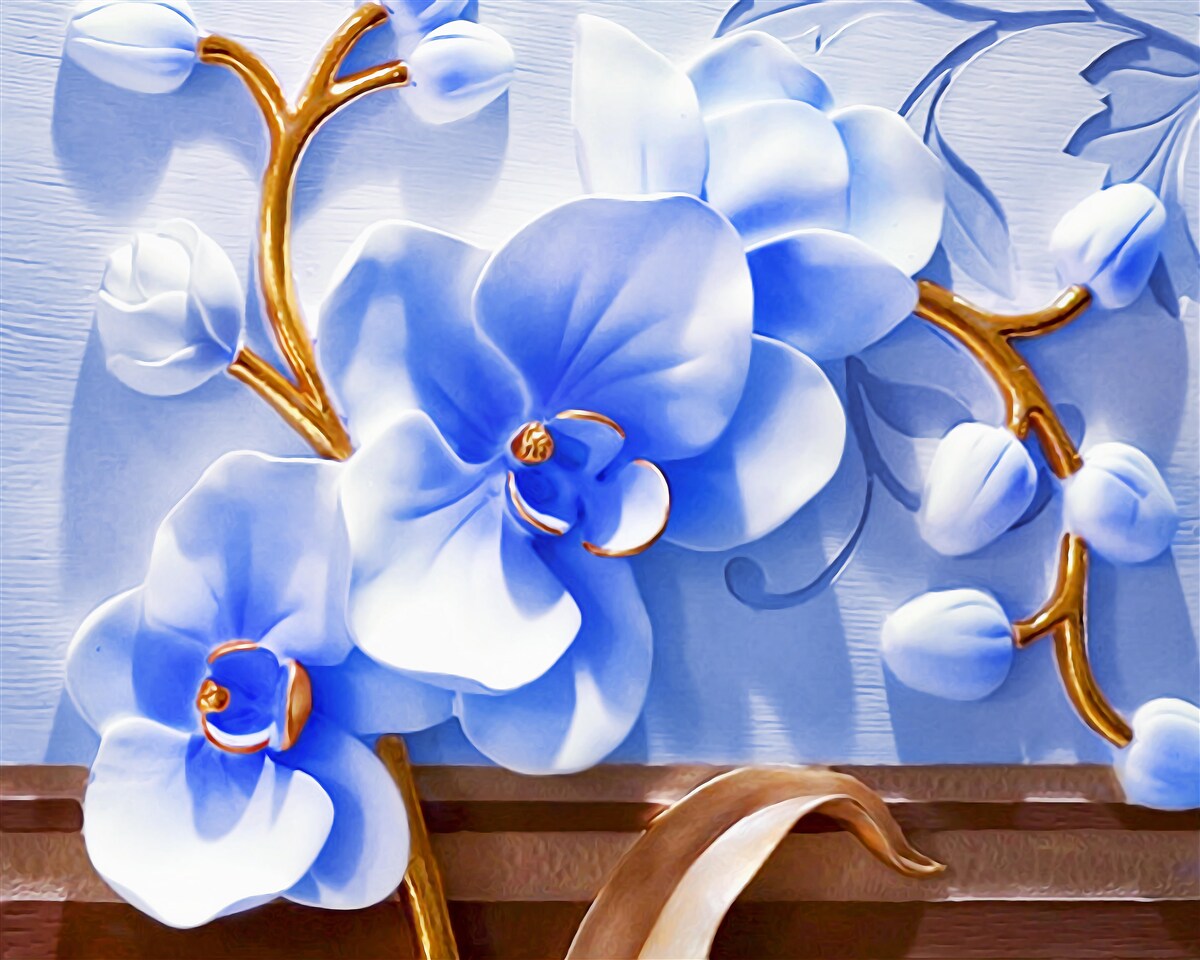 Fototapeta orchidea w niebiańskiej barwie na gałązkach ozdobionych złotem