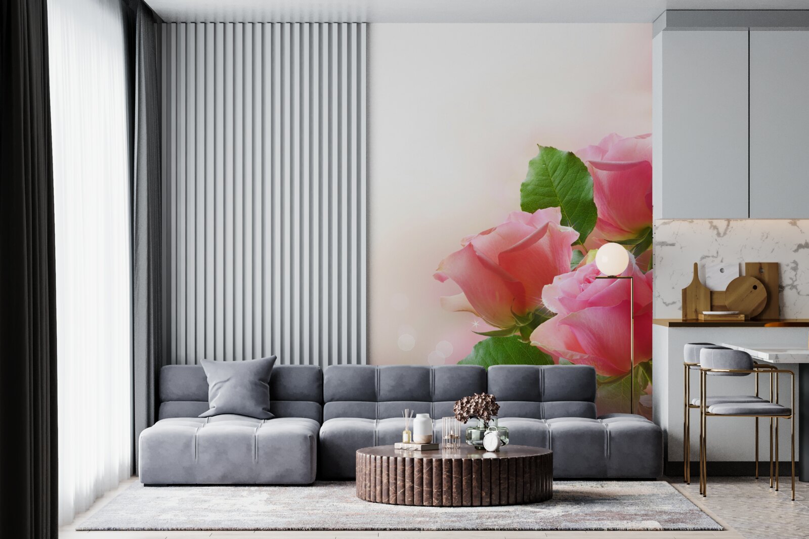 Fototapeta miękkie karmazynowe róże z zielonymi liśćmi