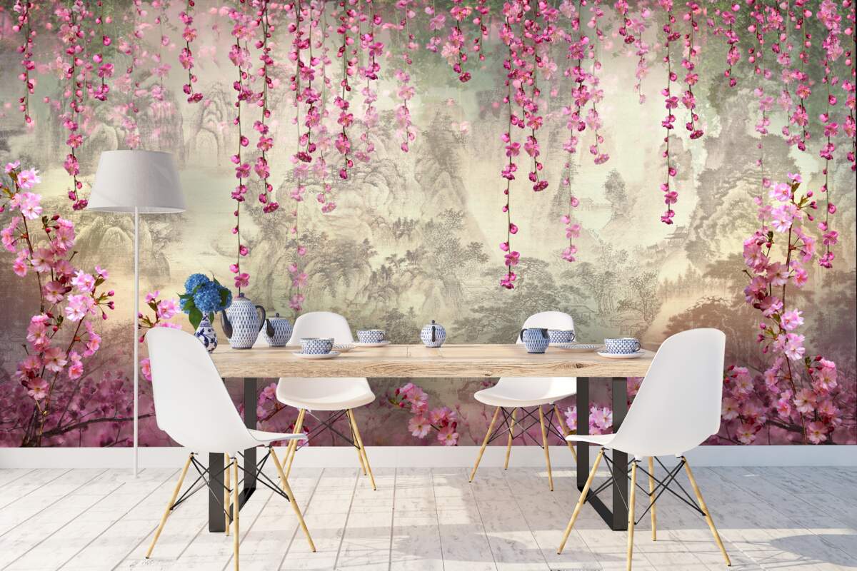 Fototapeta różowe kwiaty wpadające do wody od góry do dołu