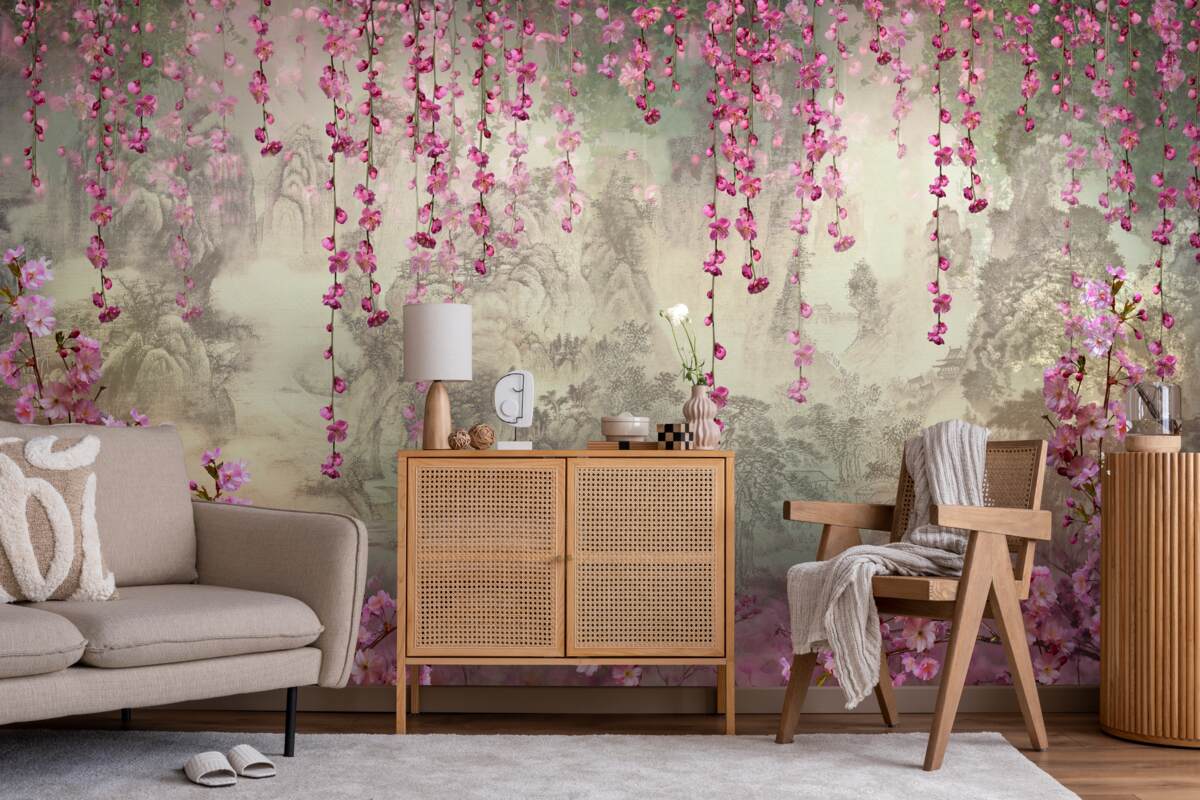 Fototapeta różowe kwiaty wpadające do wody od góry do dołu