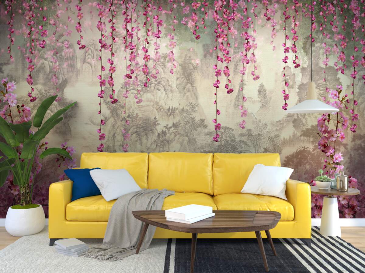 Fototapeta różowe kwiaty wpadające do wody od góry do dołu