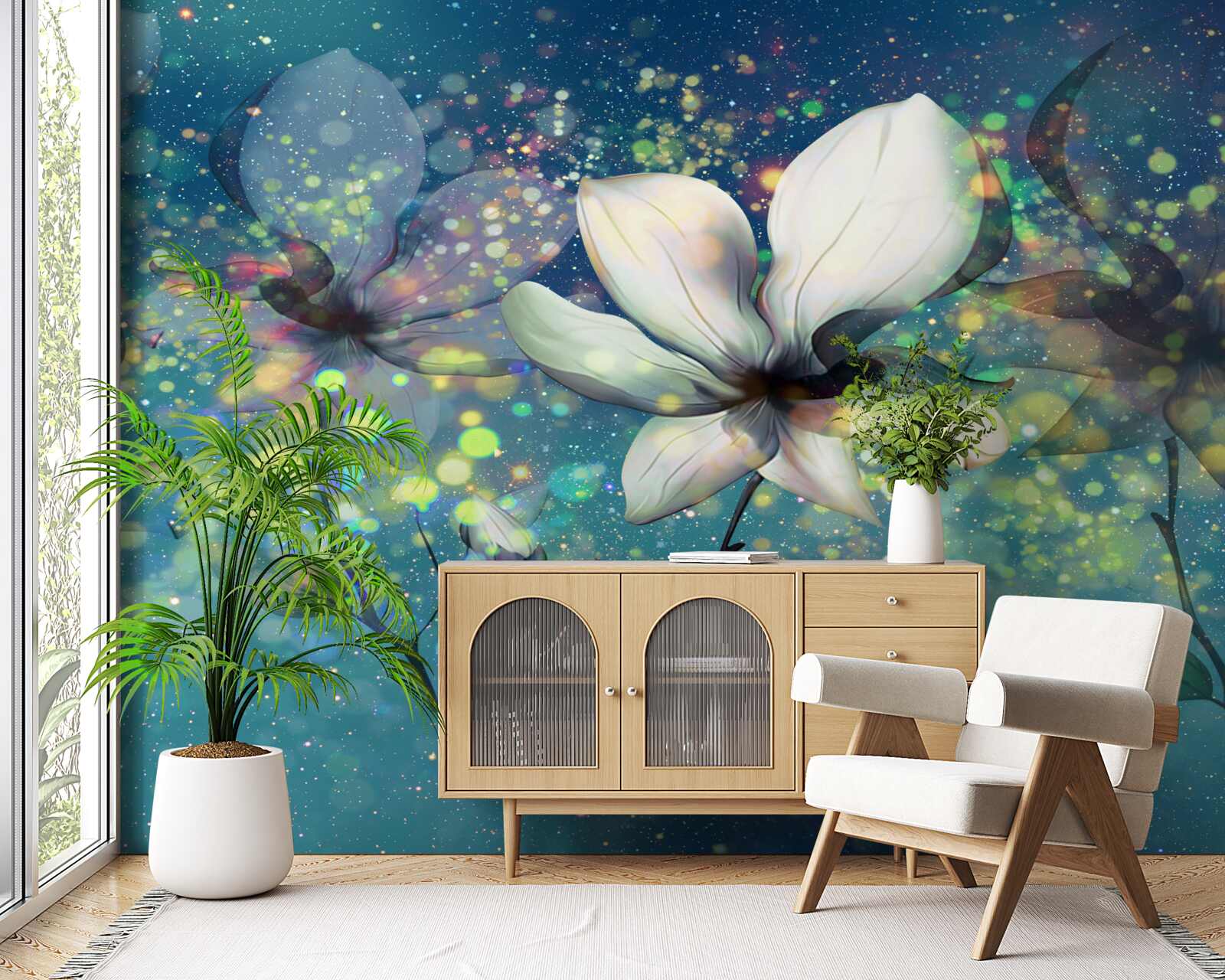 Fototapeta kwiat bieli w nocy usianej gwiazdami