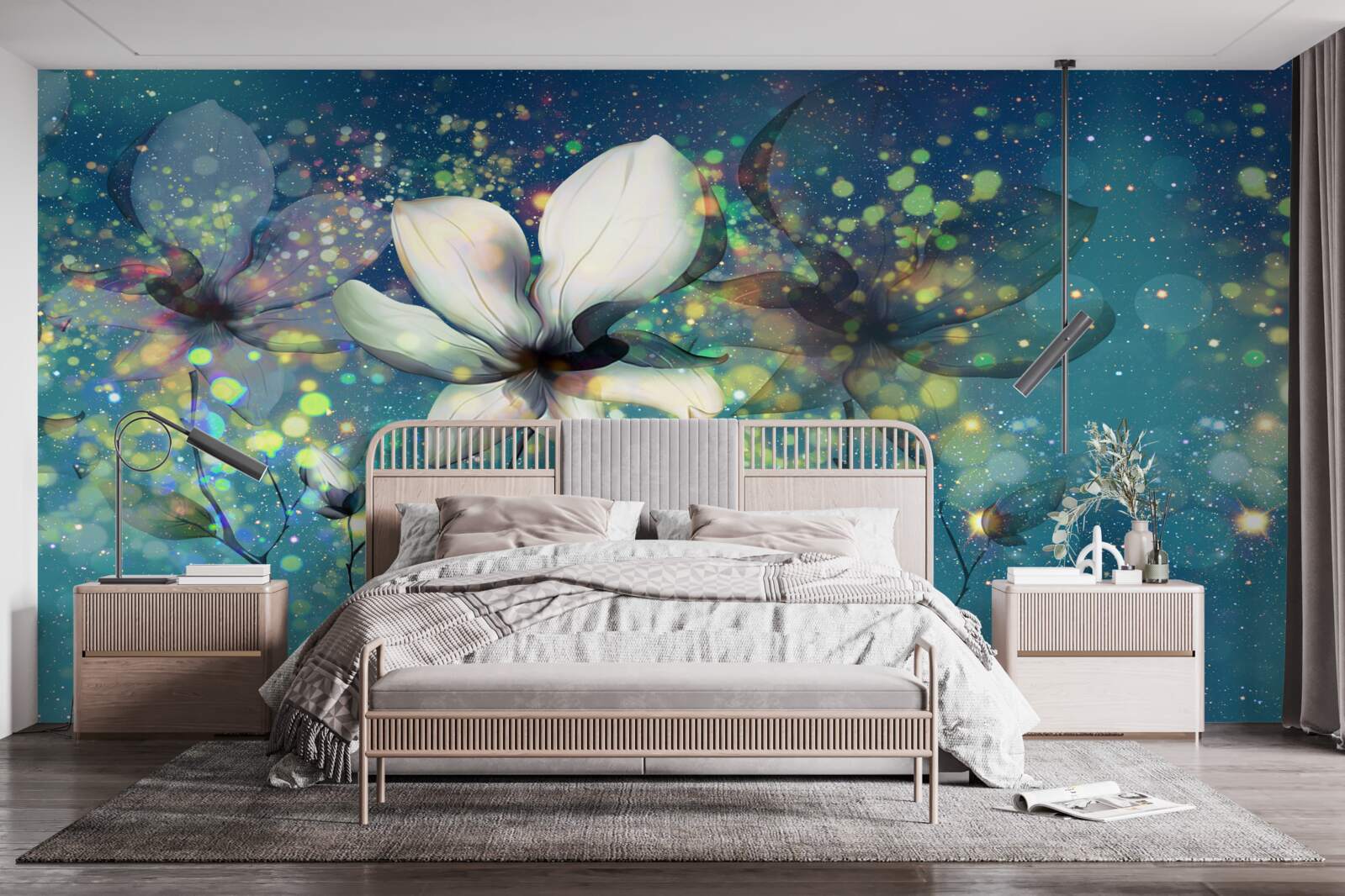 Fototapeta kwiat bieli w nocy usianej gwiazdami