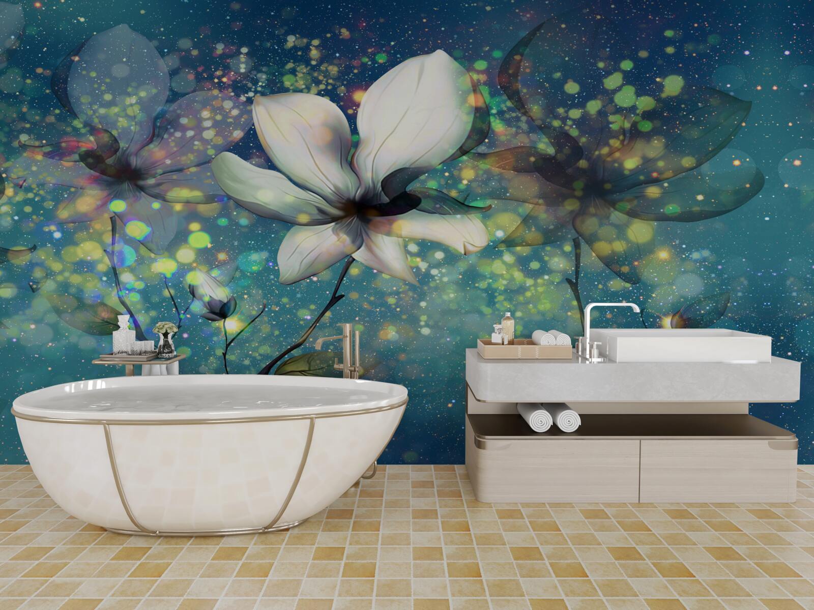 Fototapeta kwiat bieli w nocy usianej gwiazdami