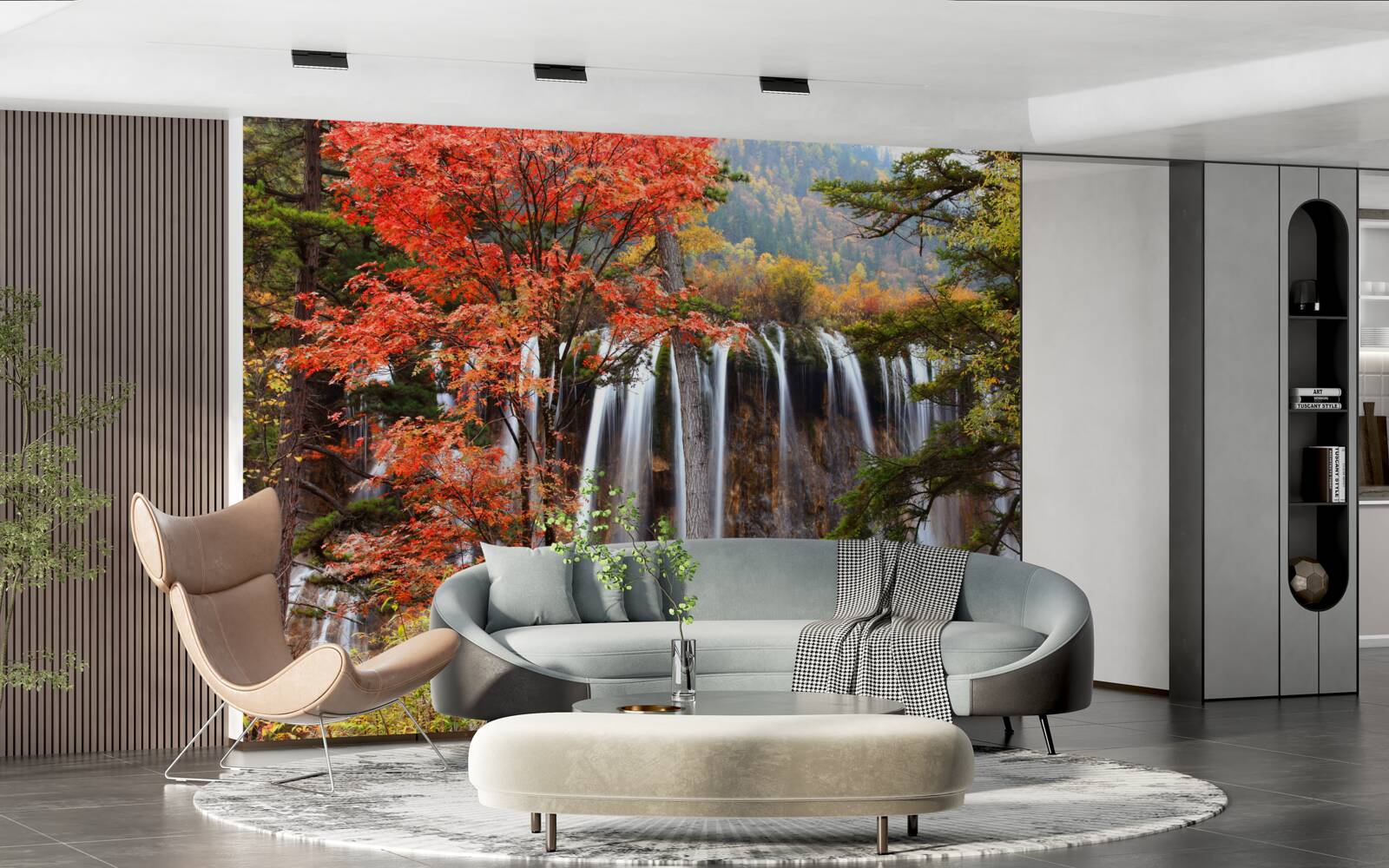 Fototapeta las w pobliżu potężnego wodospadu jesienią