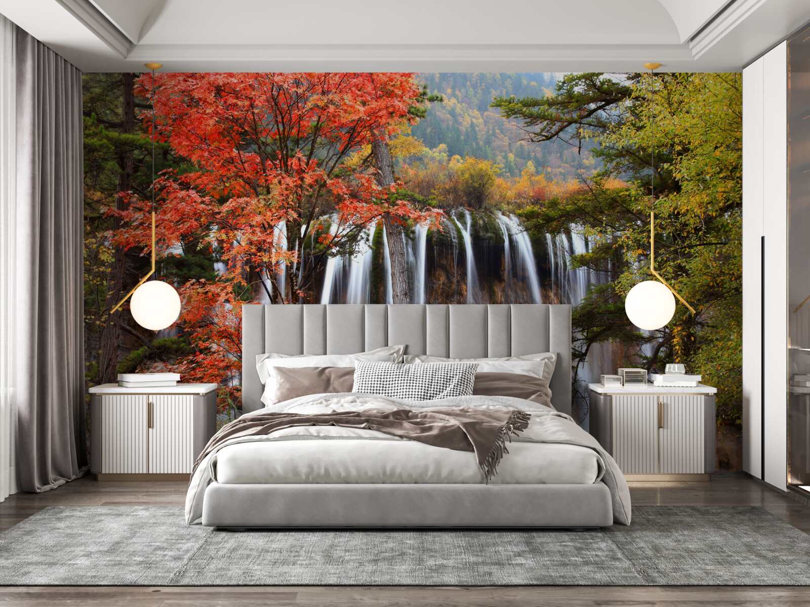 Fototapeta las w pobliżu potężnego wodospadu jesienią