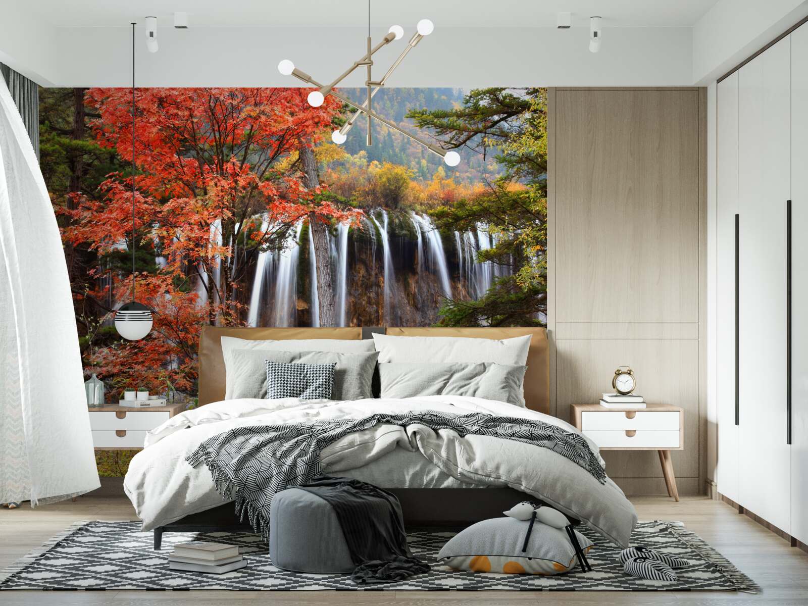 Fototapeta las w pobliżu potężnego wodospadu jesienią