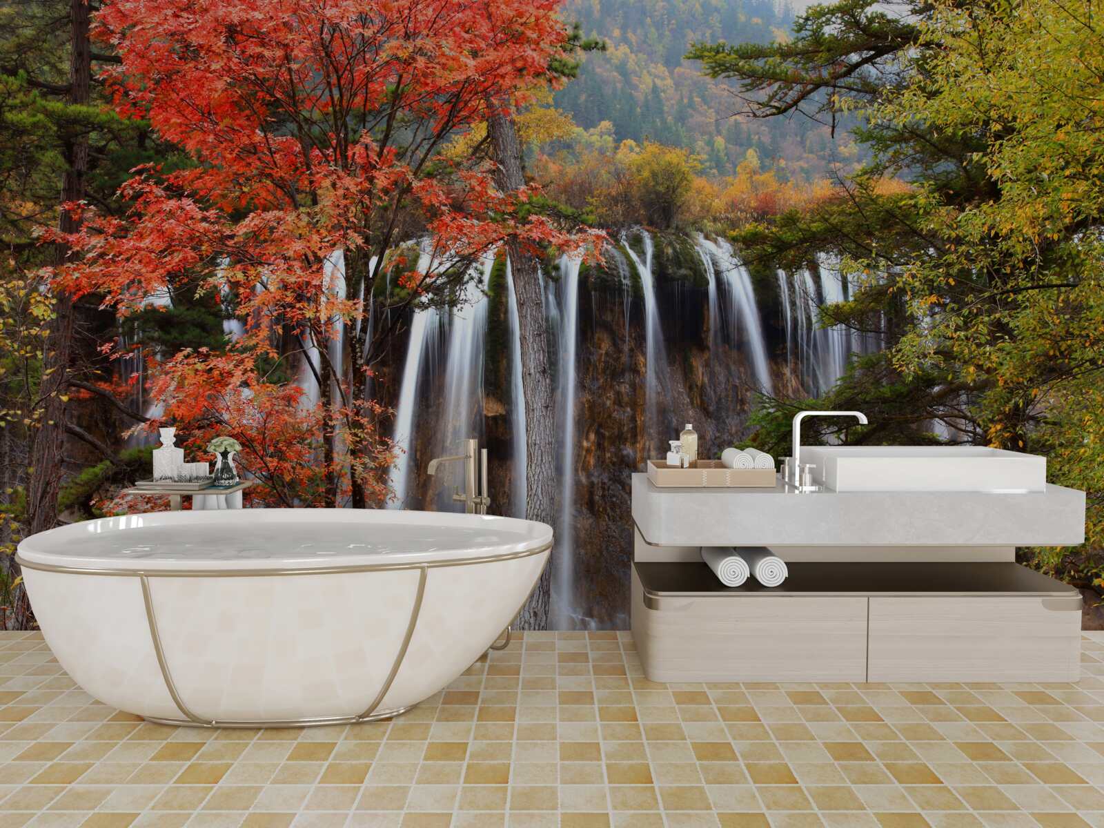 Fototapeta las w pobliżu potężnego wodospadu jesienią