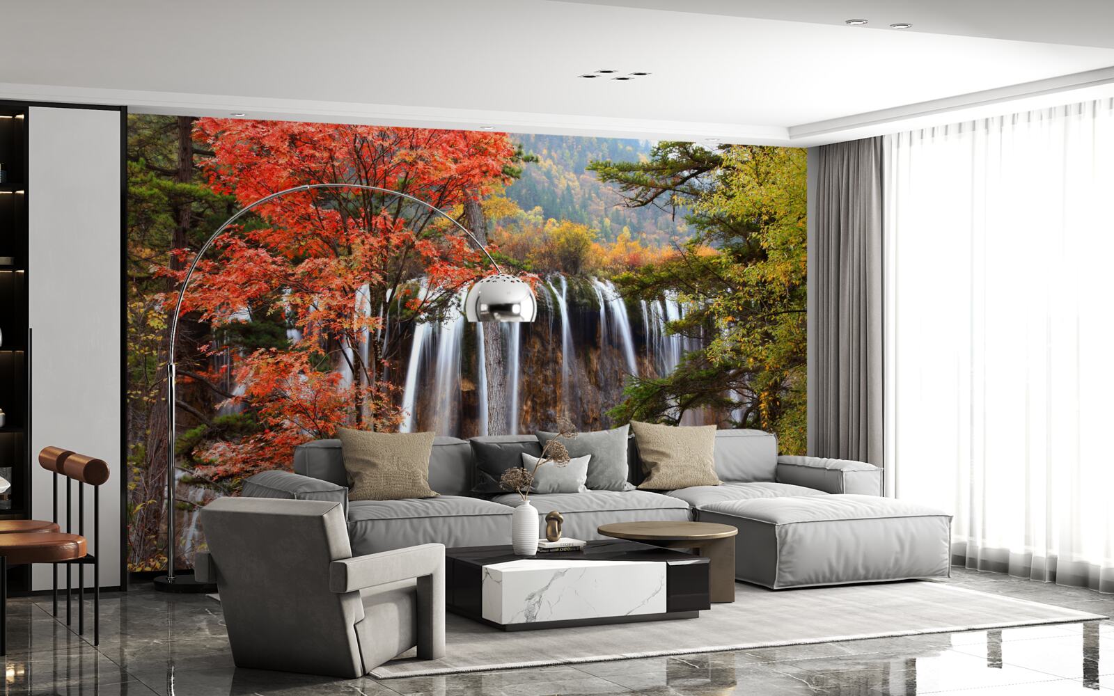 Fototapeta las w pobliżu potężnego wodospadu jesienią