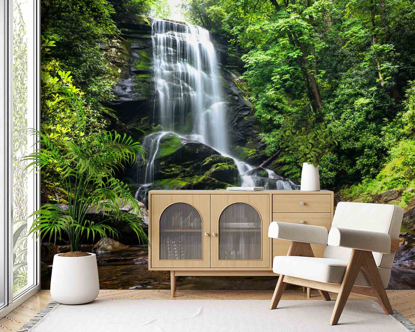 Fototapeta wody górskiego wodospadu szybko spadają w lesie